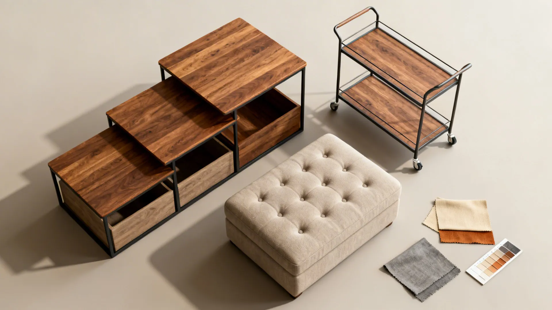 Top-down flatlay of nesting tables, storage ottoman, rolling cart and fabric swatches for sectional styling.