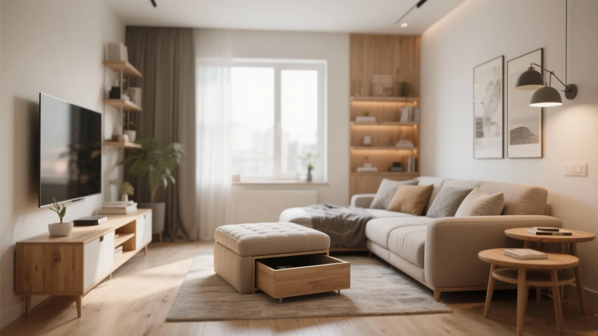 Small living room with a storage ottoman and nesting tables