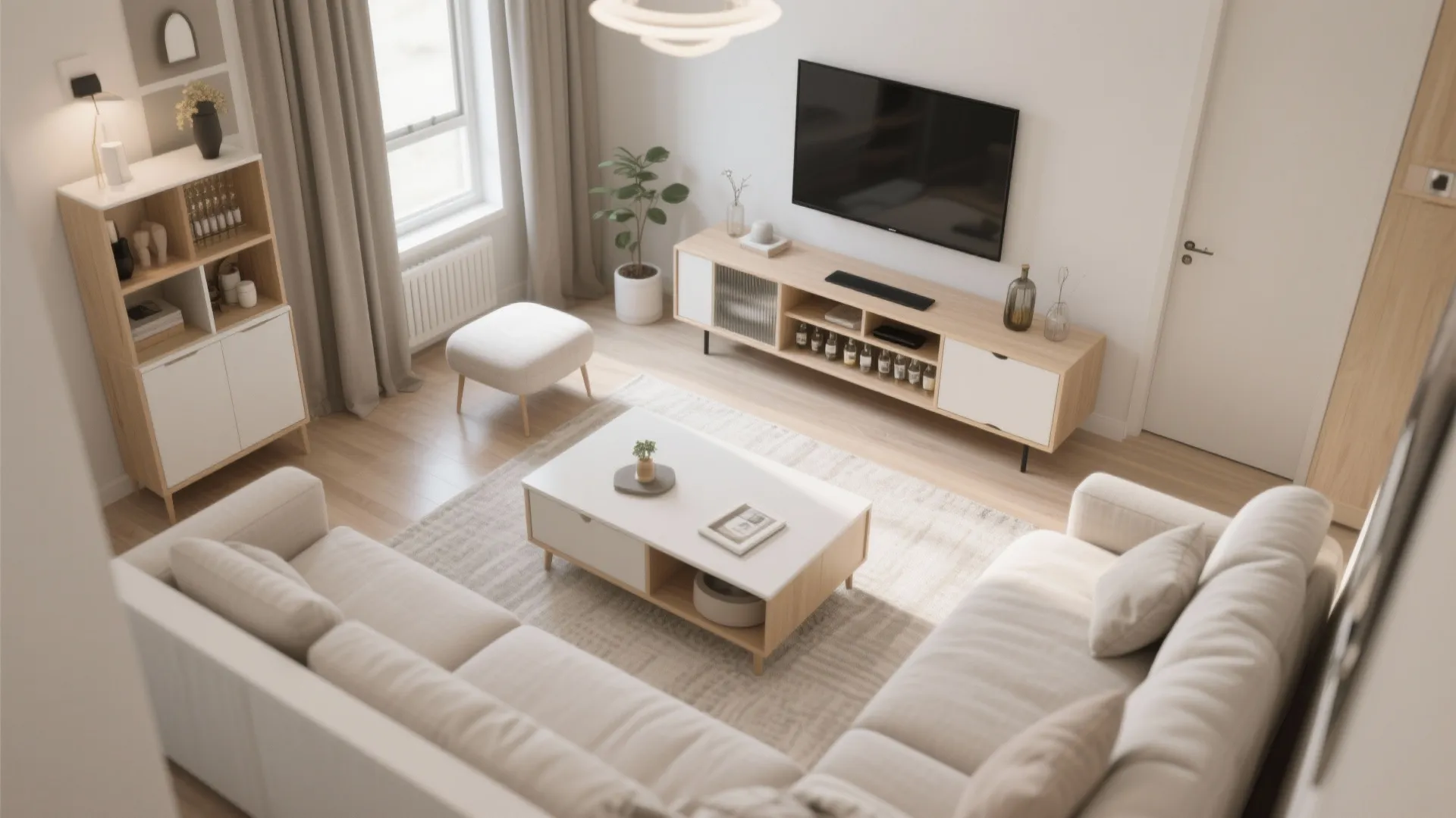 Top-down view of multifunctional furniture in a small living room