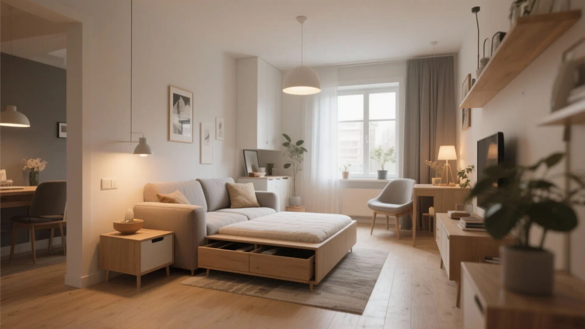 Small space with sofa-bed and multifunctional storage ottoman