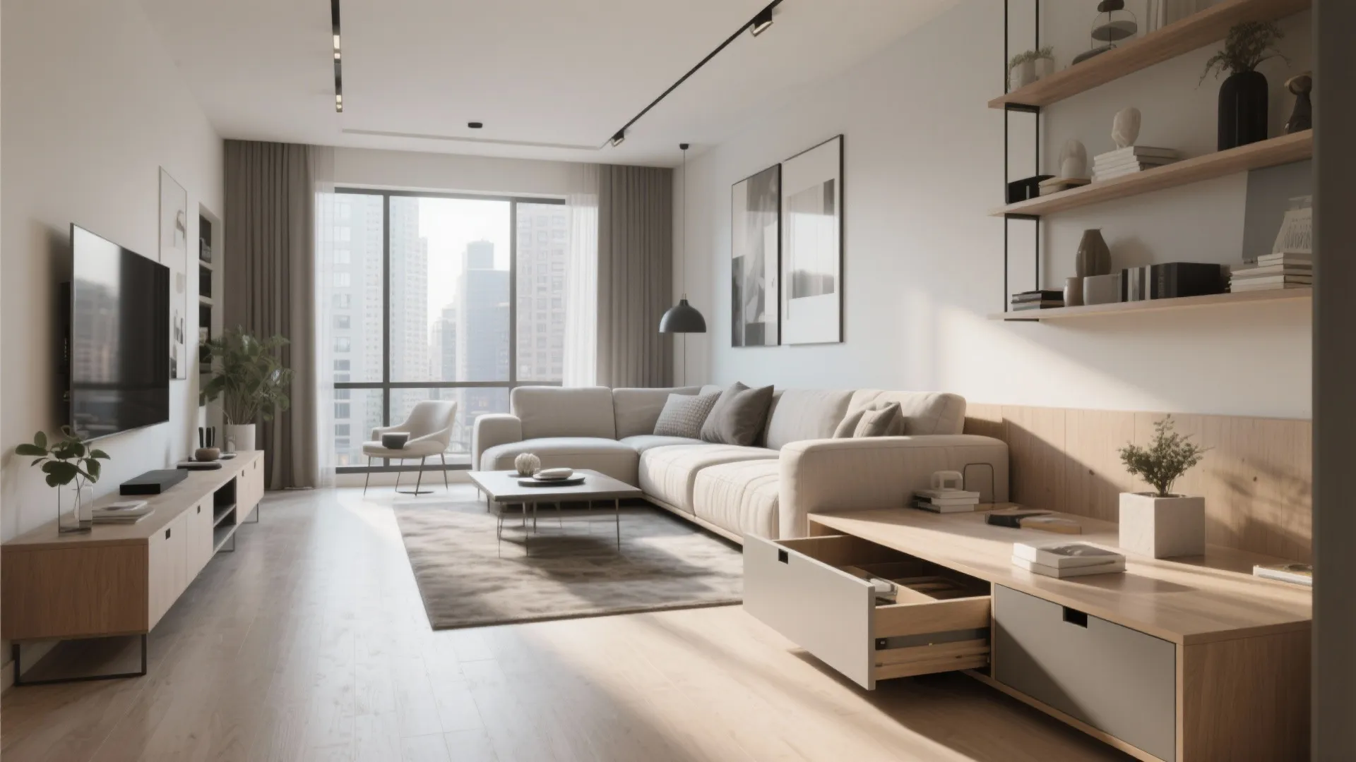 Modern living room featuring white sofa wooden cabinet open drawer wall shelves and large windows
