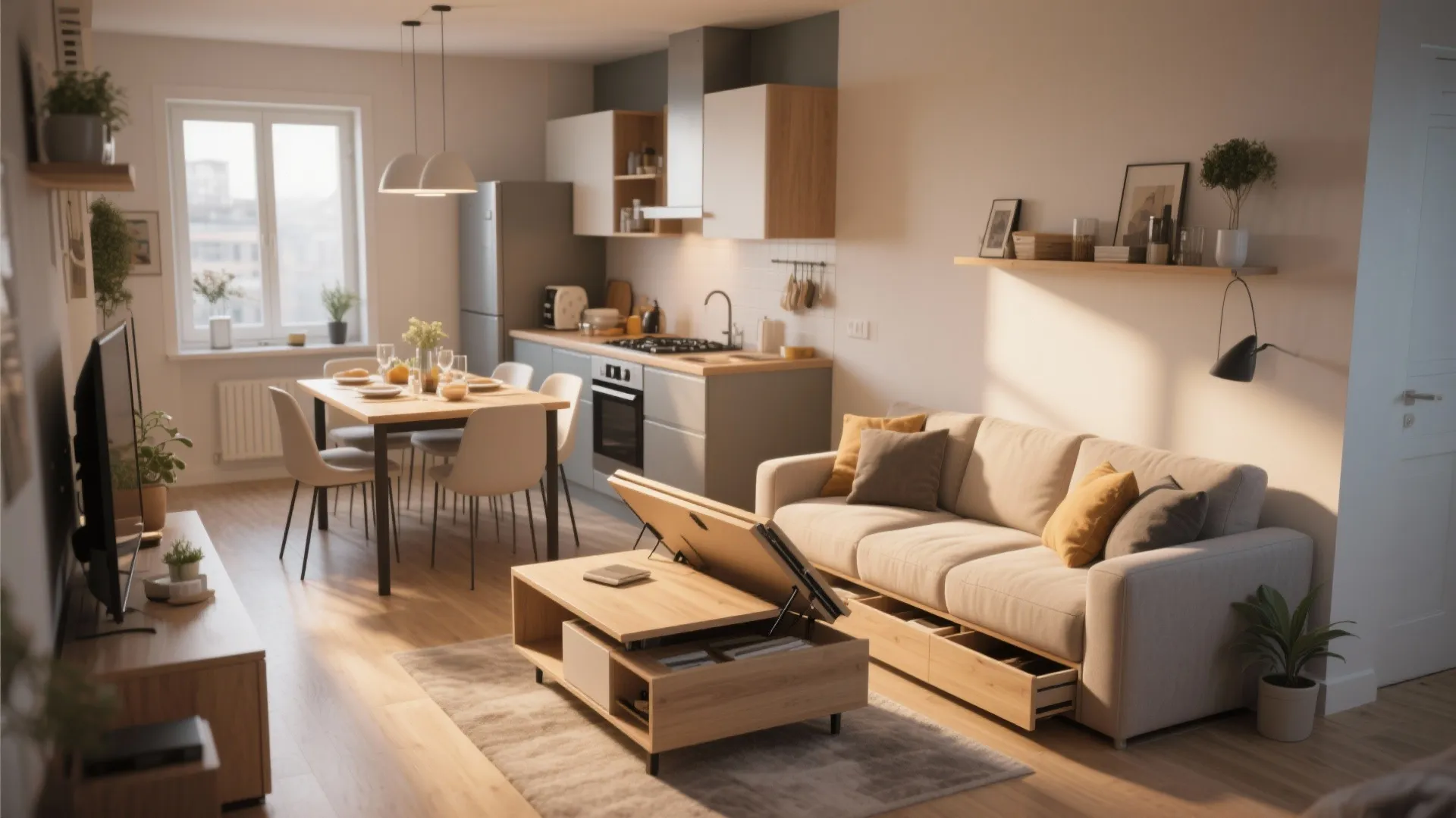 Lift-top coffee table and hidden-storage sofa in small living room kitchen combo