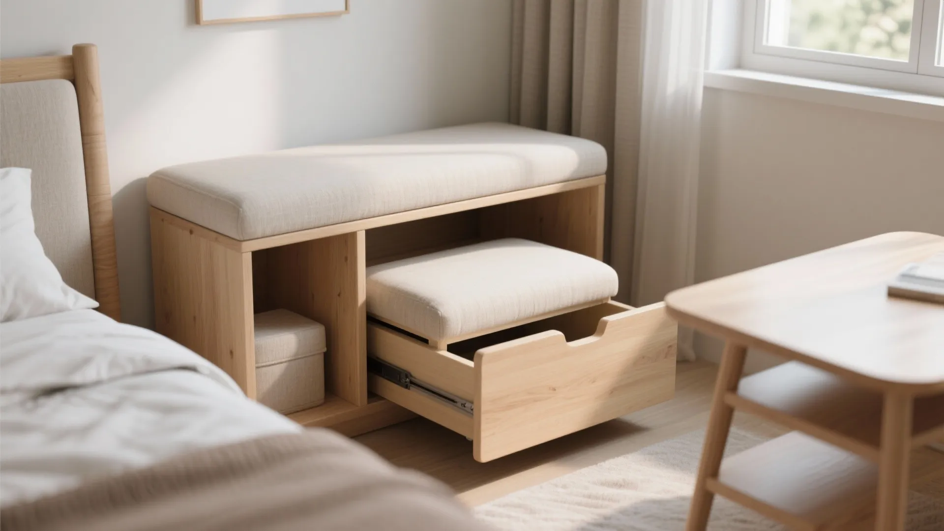 Bench with hidden storage and ottoman table in small bedroom
