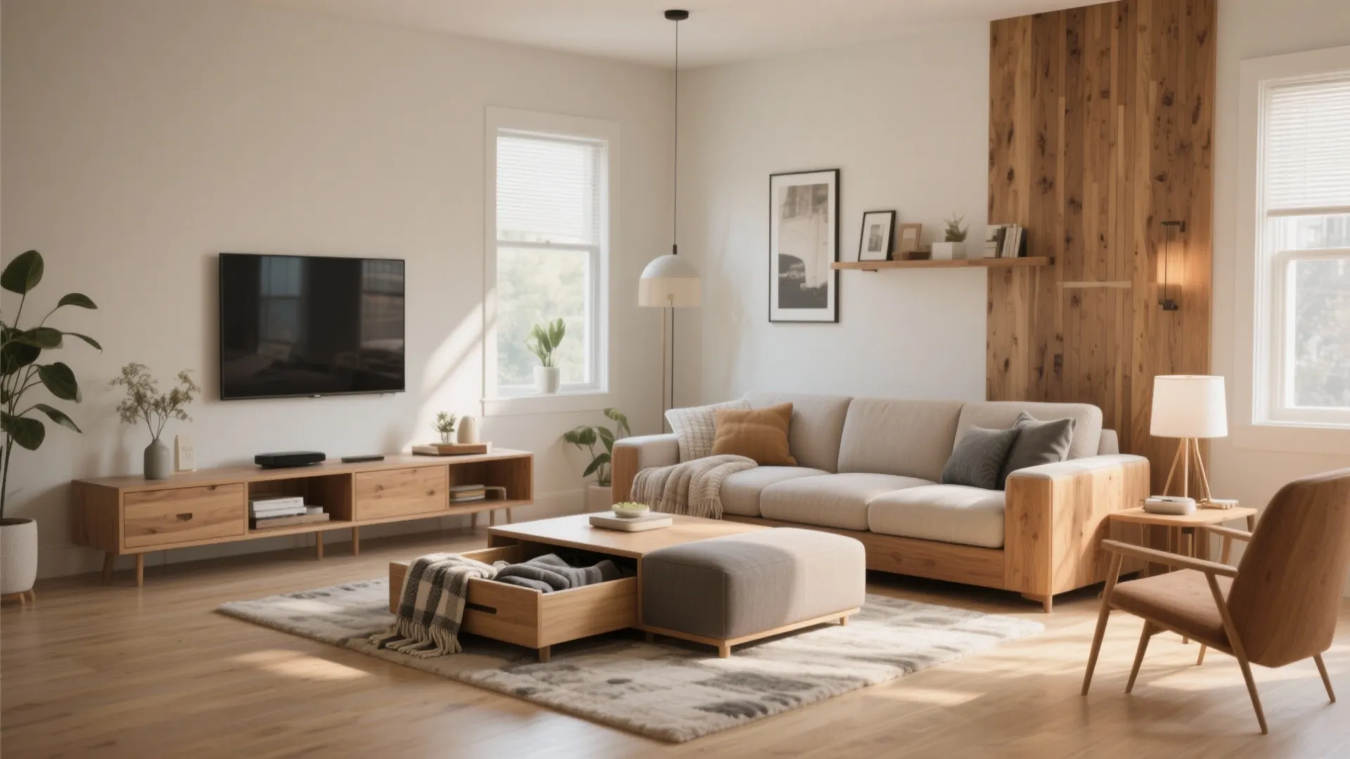 Living room with storage ottoman and convertible sofa