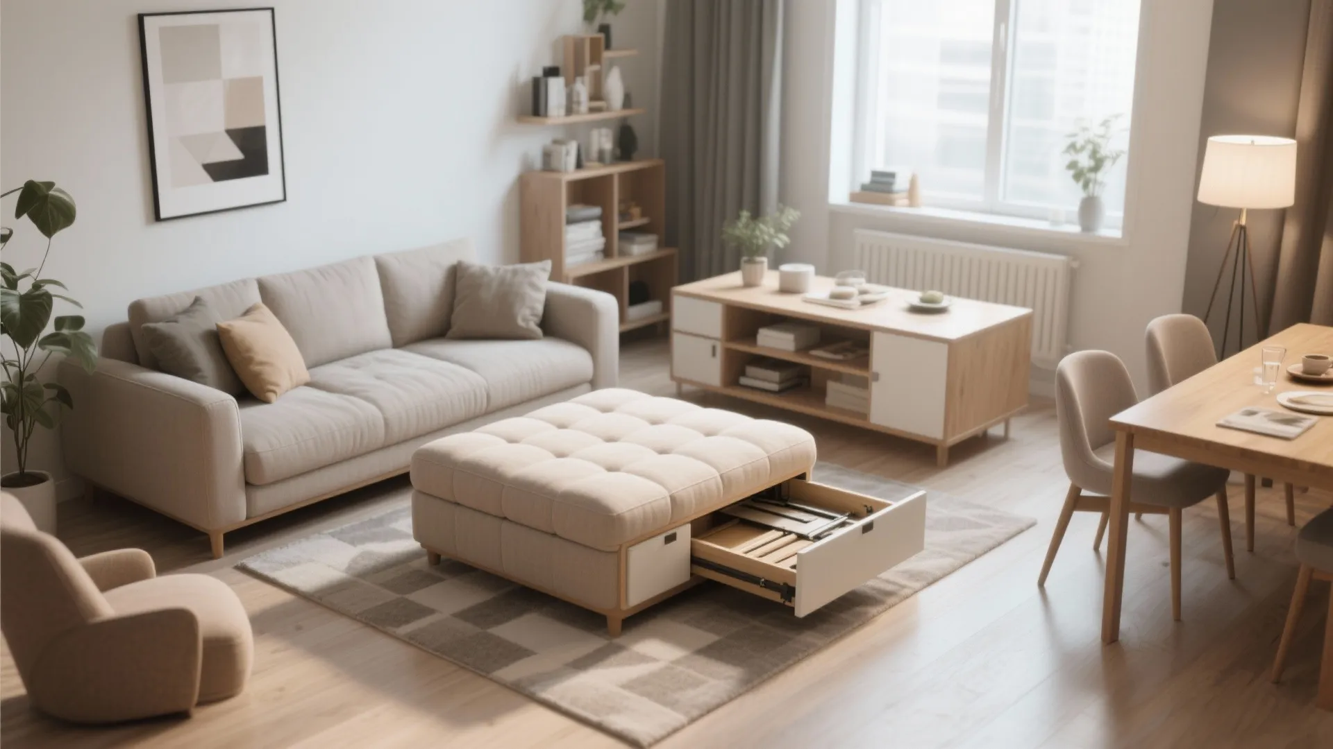 Modern living room with beige sofa wooden coffee table and footrest showing open storage drawer