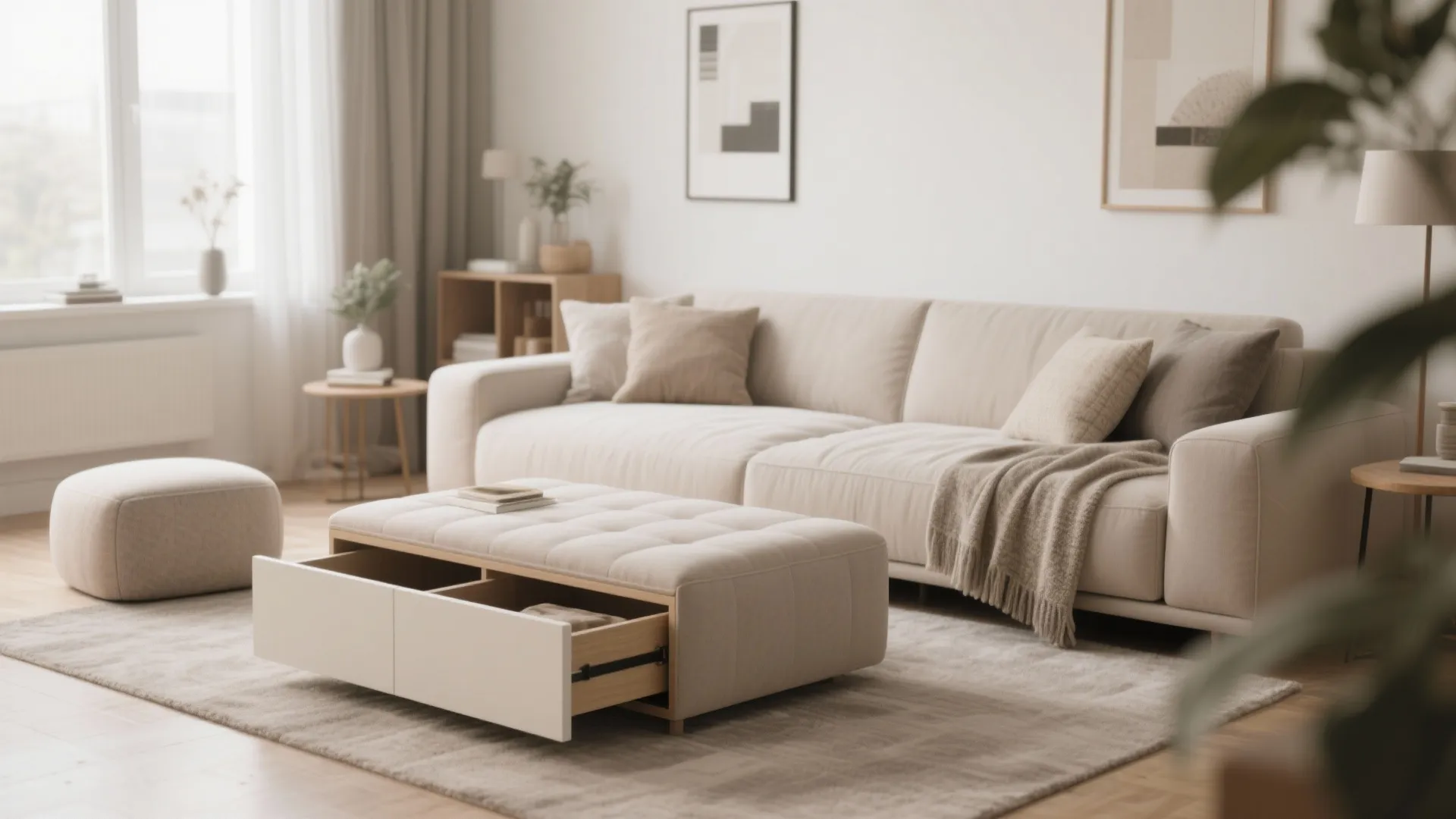 Living room with ottoman storage and sofa bed for versatility