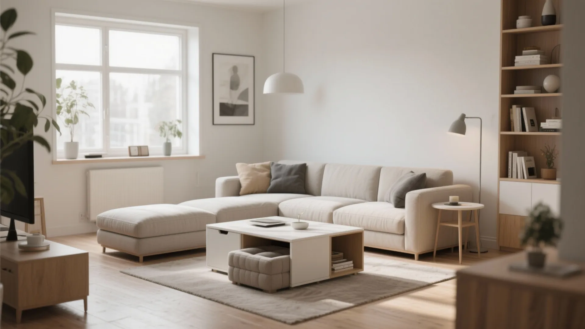 Modern bright living room featuring a white sofa coffee table wooden bookshelf and large window