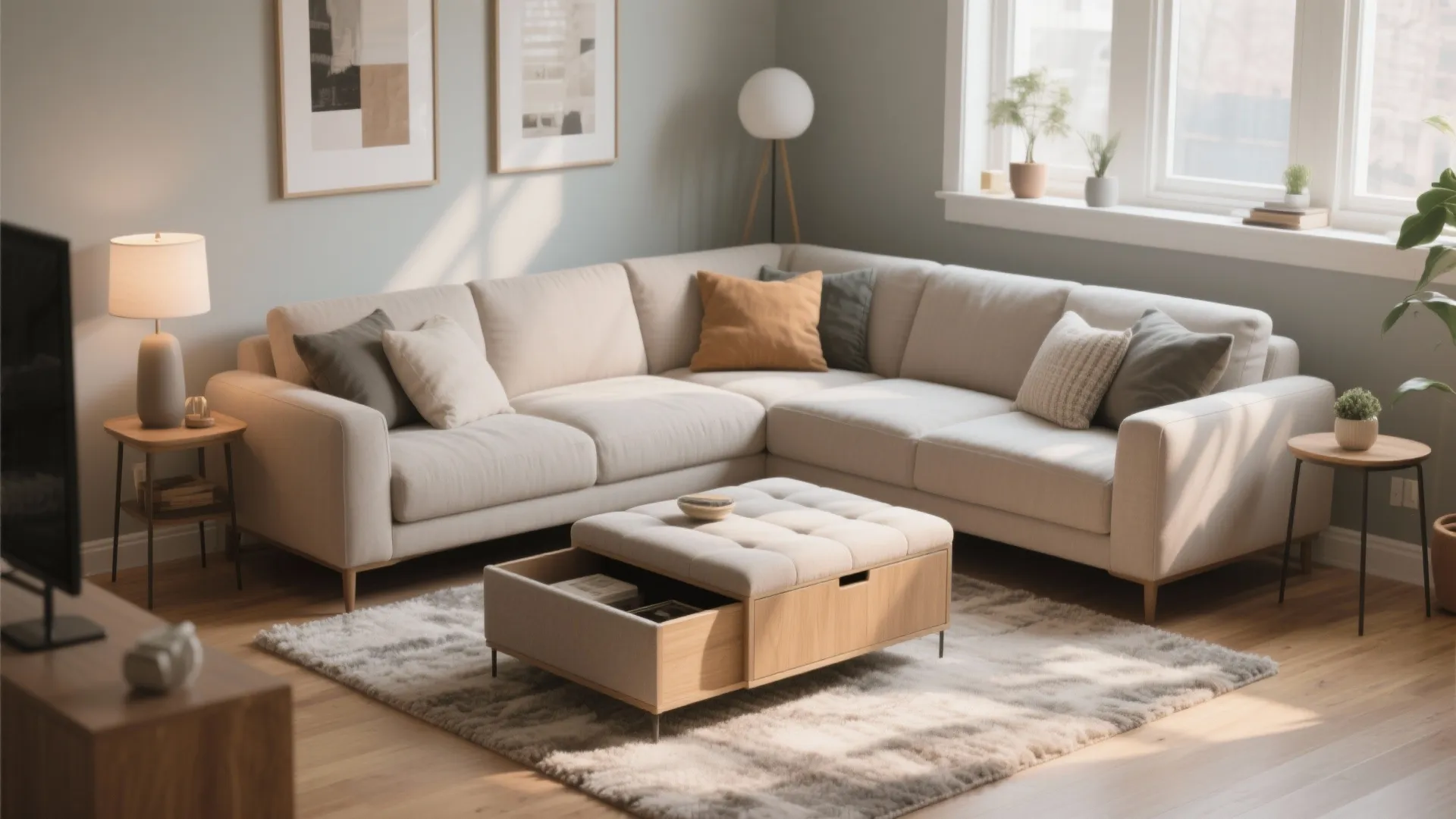 Bright living room with corner sofa, rug, side tables, floor light, and storage footrest furniture