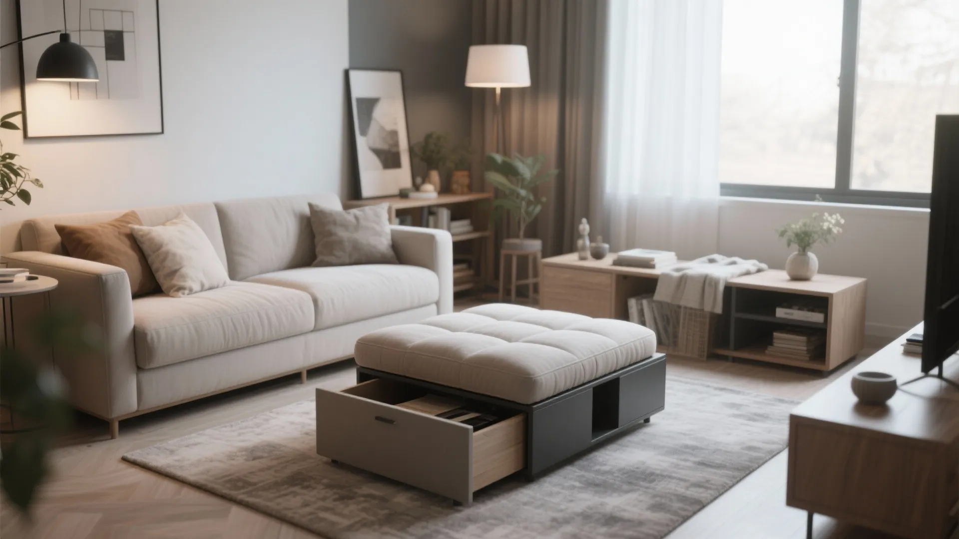 Modern living room with beige sofa and a grey footrest featuring a functional storage drawer