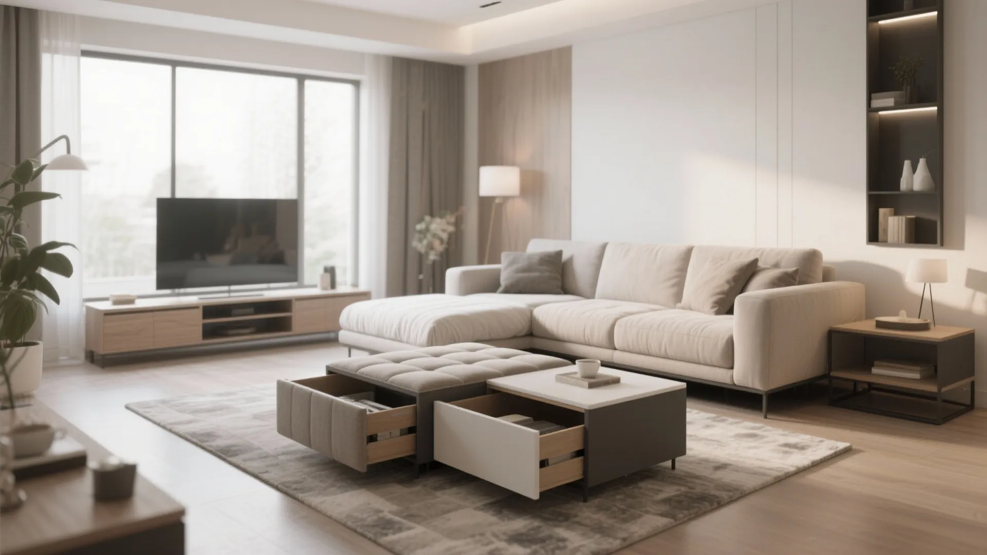Living room with white sofa and multifunctional coffee table featuring open storage drawers for organization