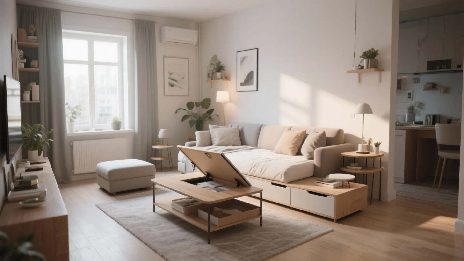 Modern bright living room with multifunctional coffee table storage sofa footrest and natural window light