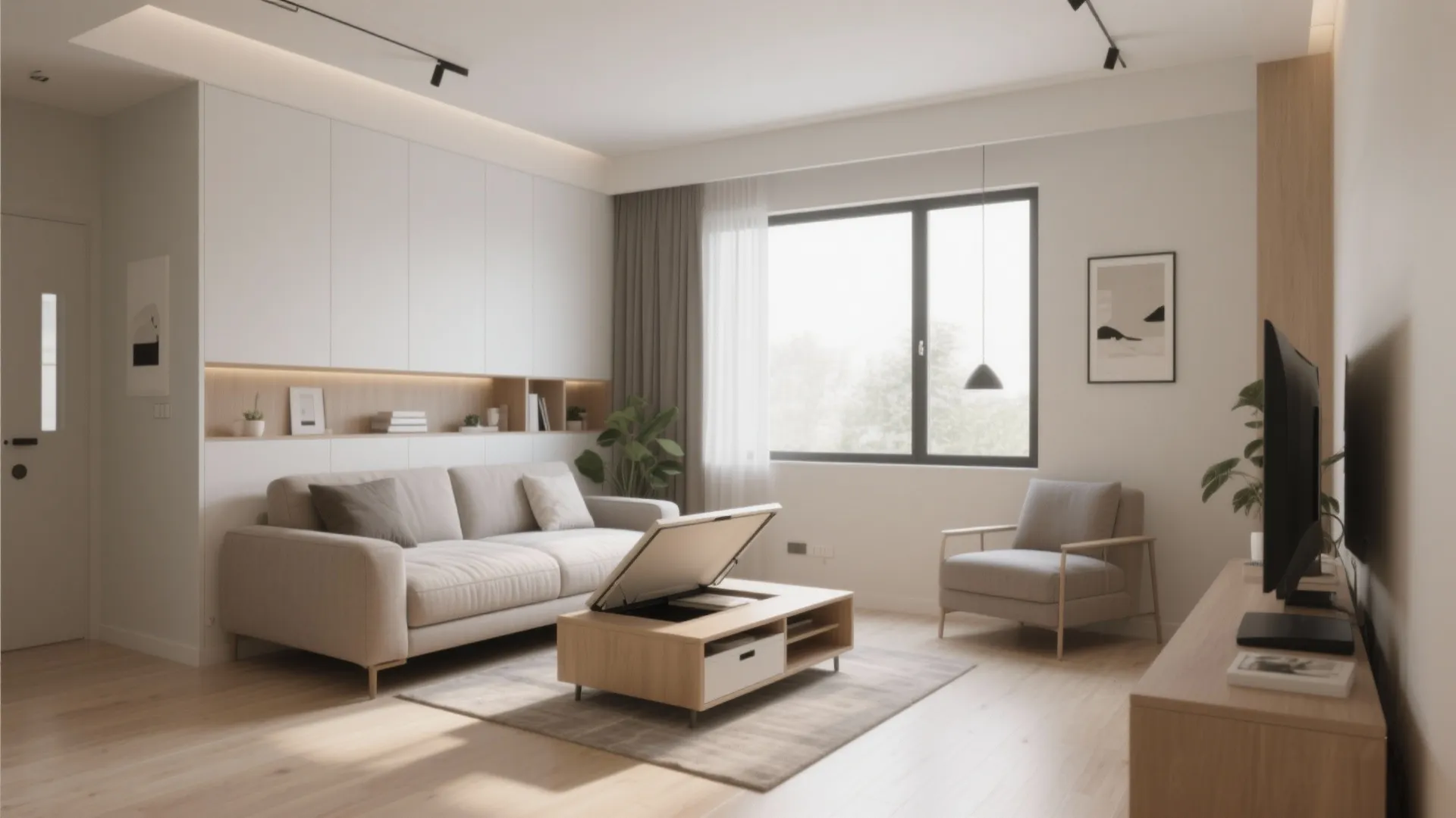 Modern living room featuring a multifunctional wooden coffee table with storage and a cream colored sofa