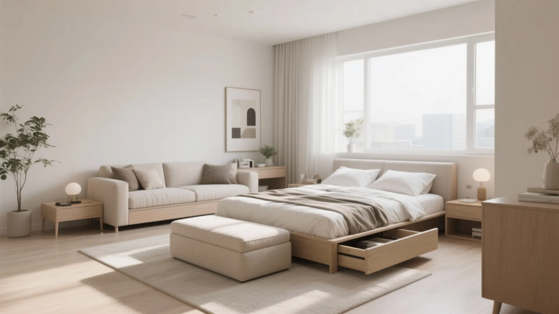 Modern bedroom with storage bed featuring open drawers sofa footrest and large window with view