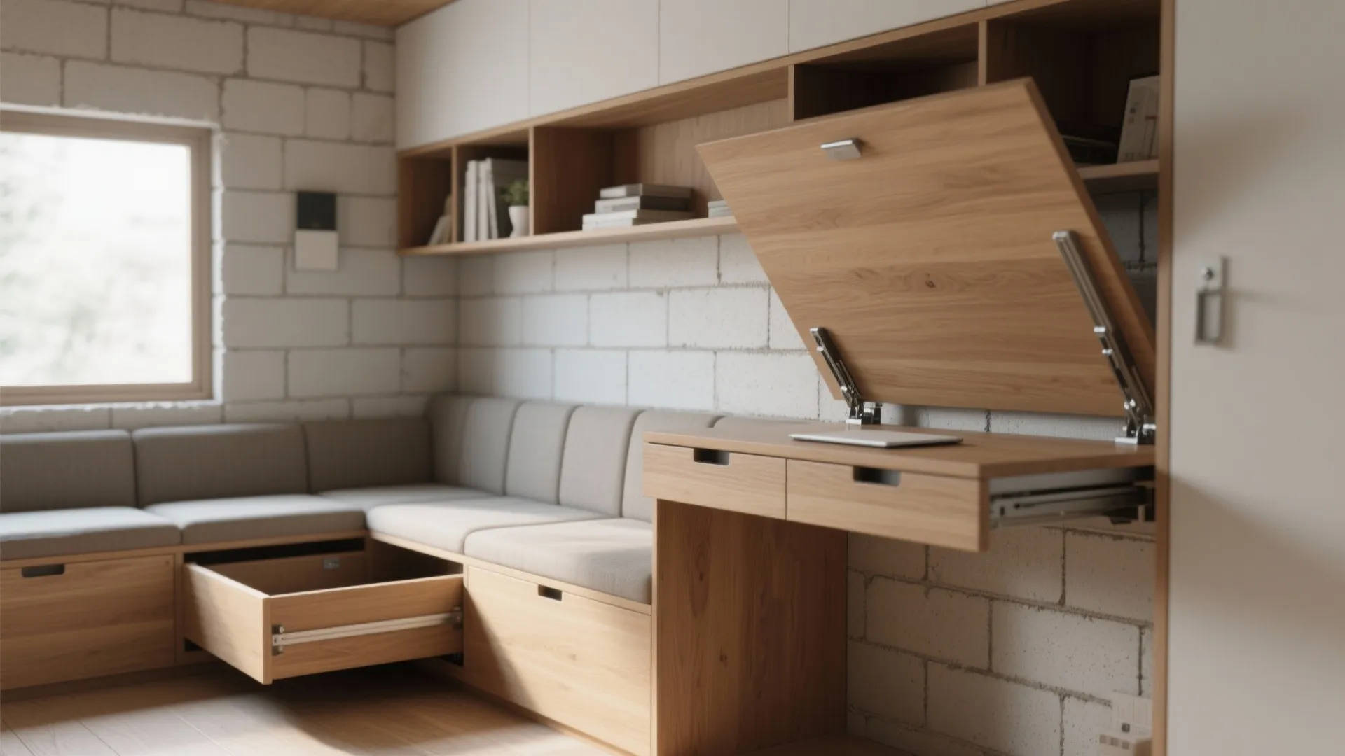 Close-up of multifunctional furniture with hidden storage in small cinder block house