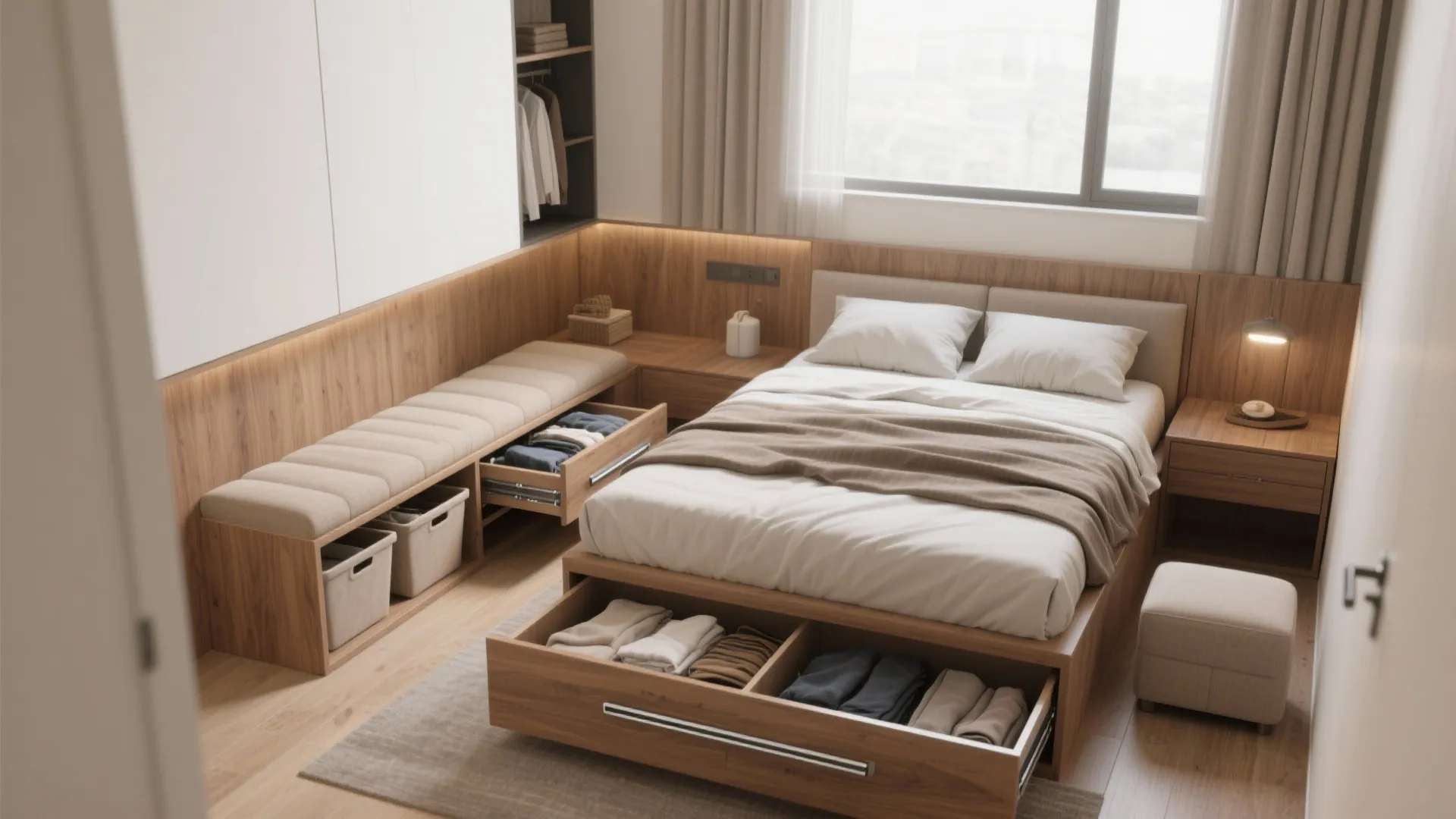 Modern bedroom featuring a wooden bed with built-in storage drawers for clothes and a footrest