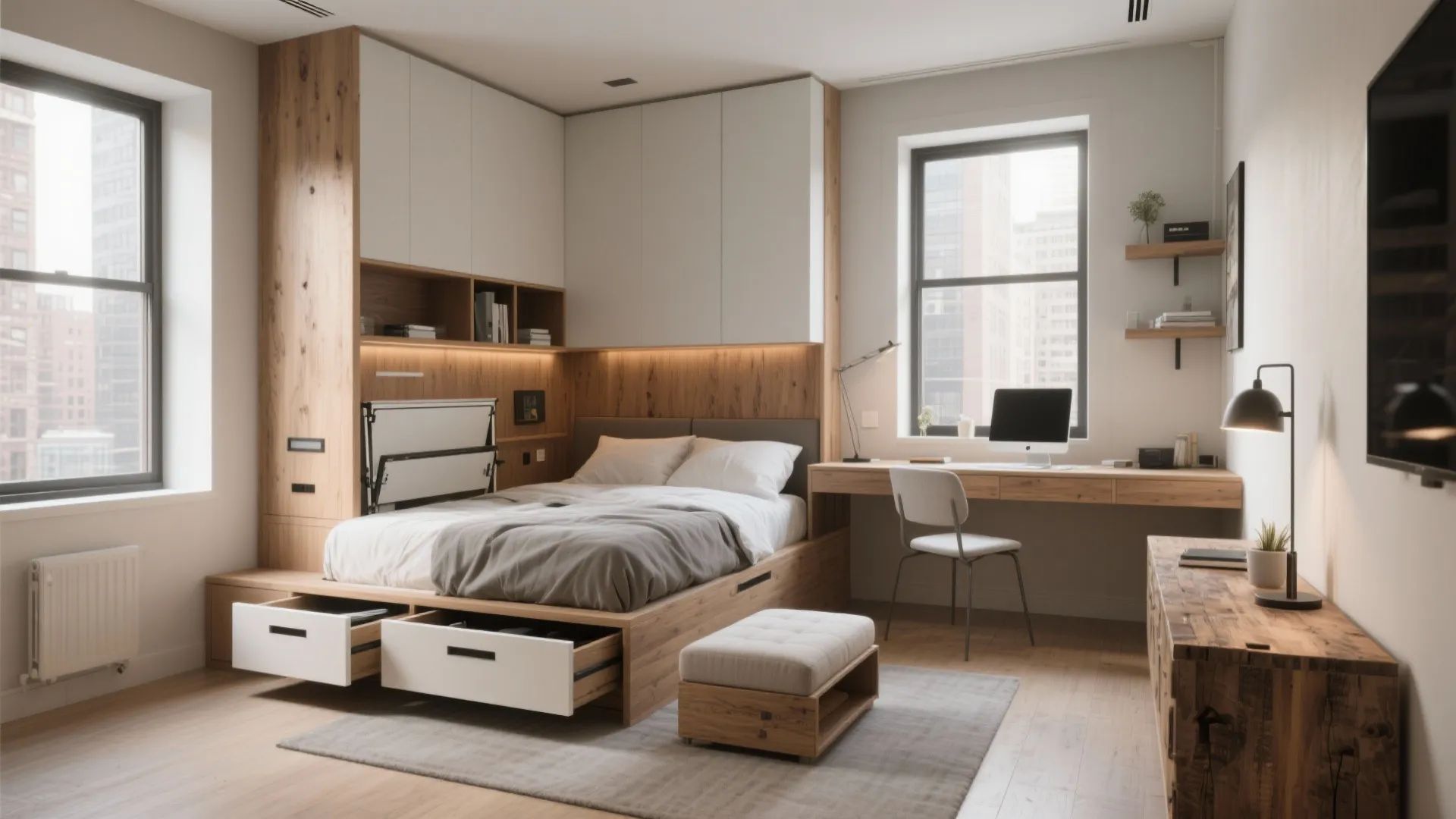 Compact bedroom showing bed with storage drawers and a fold-down wall desk for dual use