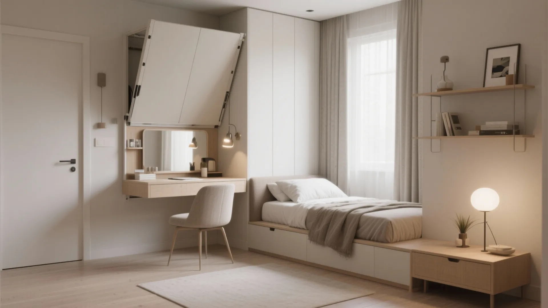 Modern small bedroom featuring a fold down desk and single bed with integrated storage cabinets