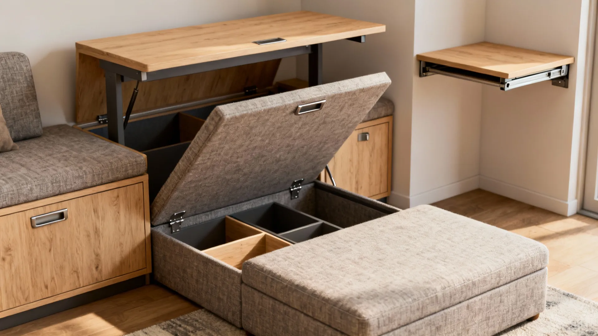 Multifunctional wooden furniture featuring a storage bench with open compartments and a wall mounted desk