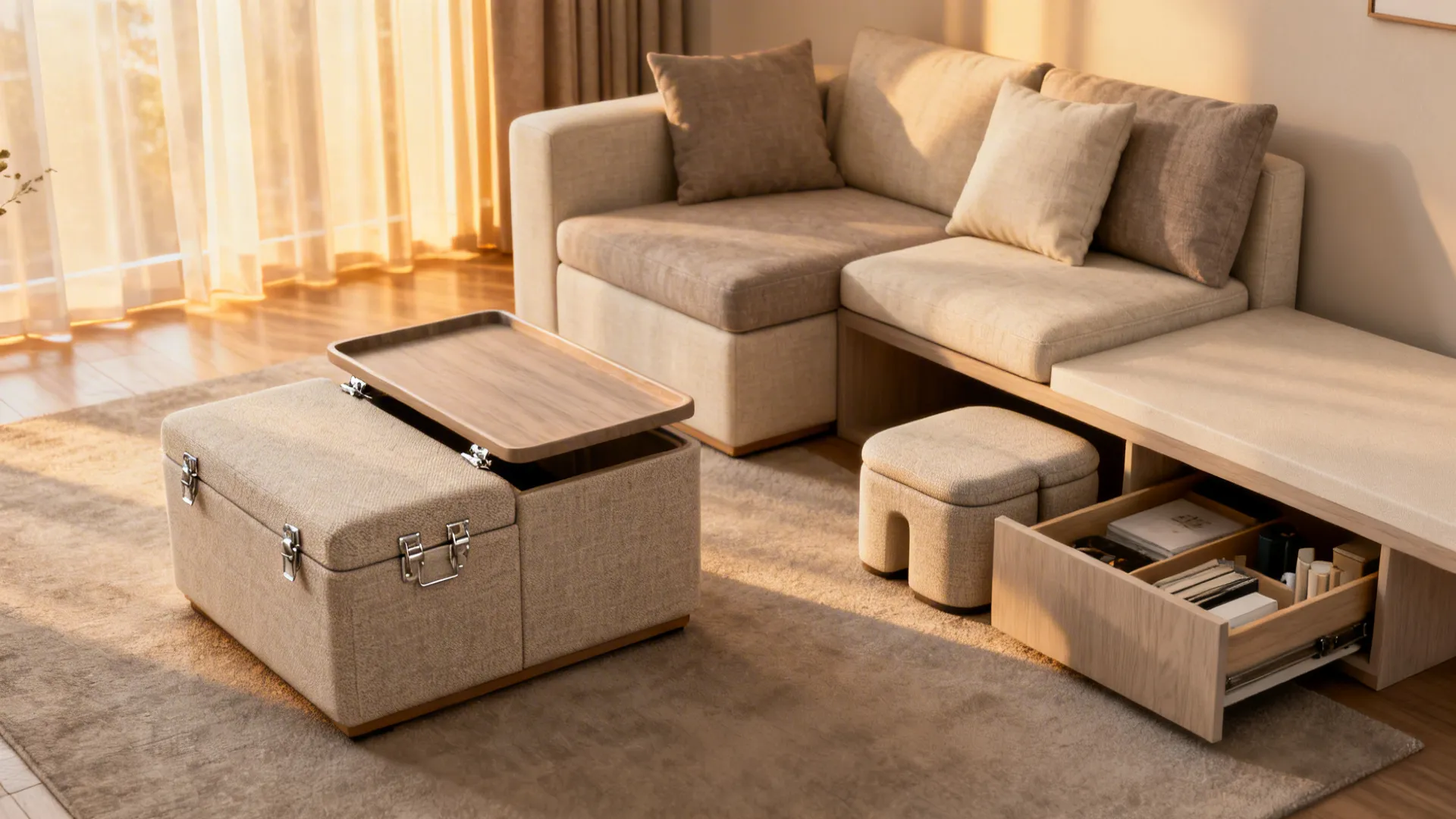Compact loveseat with storage ottoman and movable stools showing flexible furniture in a small living room.