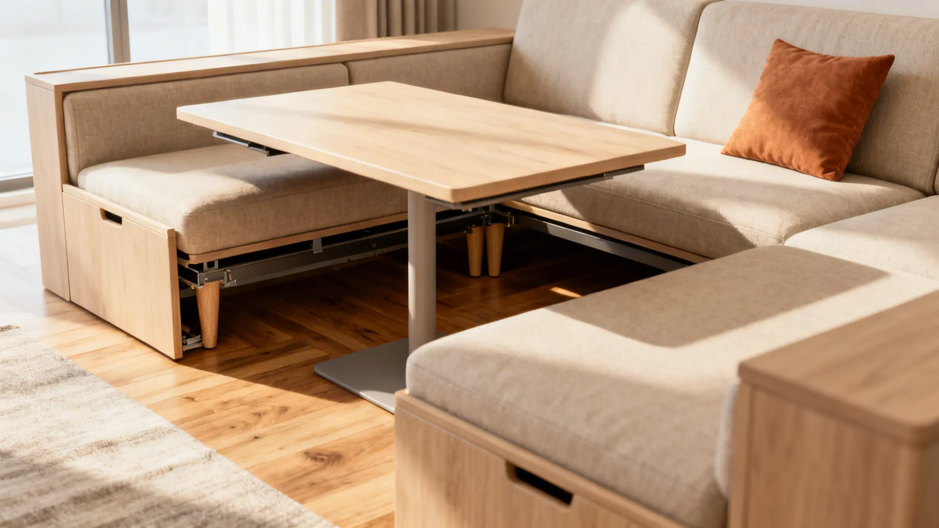 Small living room showcasing a storage sofa and a lift-top coffee table used as a dining surface.
