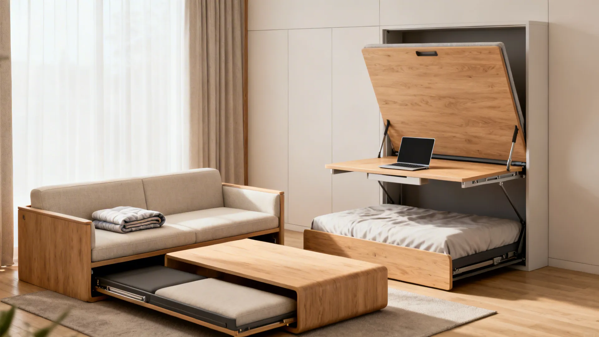 Compact living room showcasing convertible loveseat, nesting tables and a fold-down desk wall bed