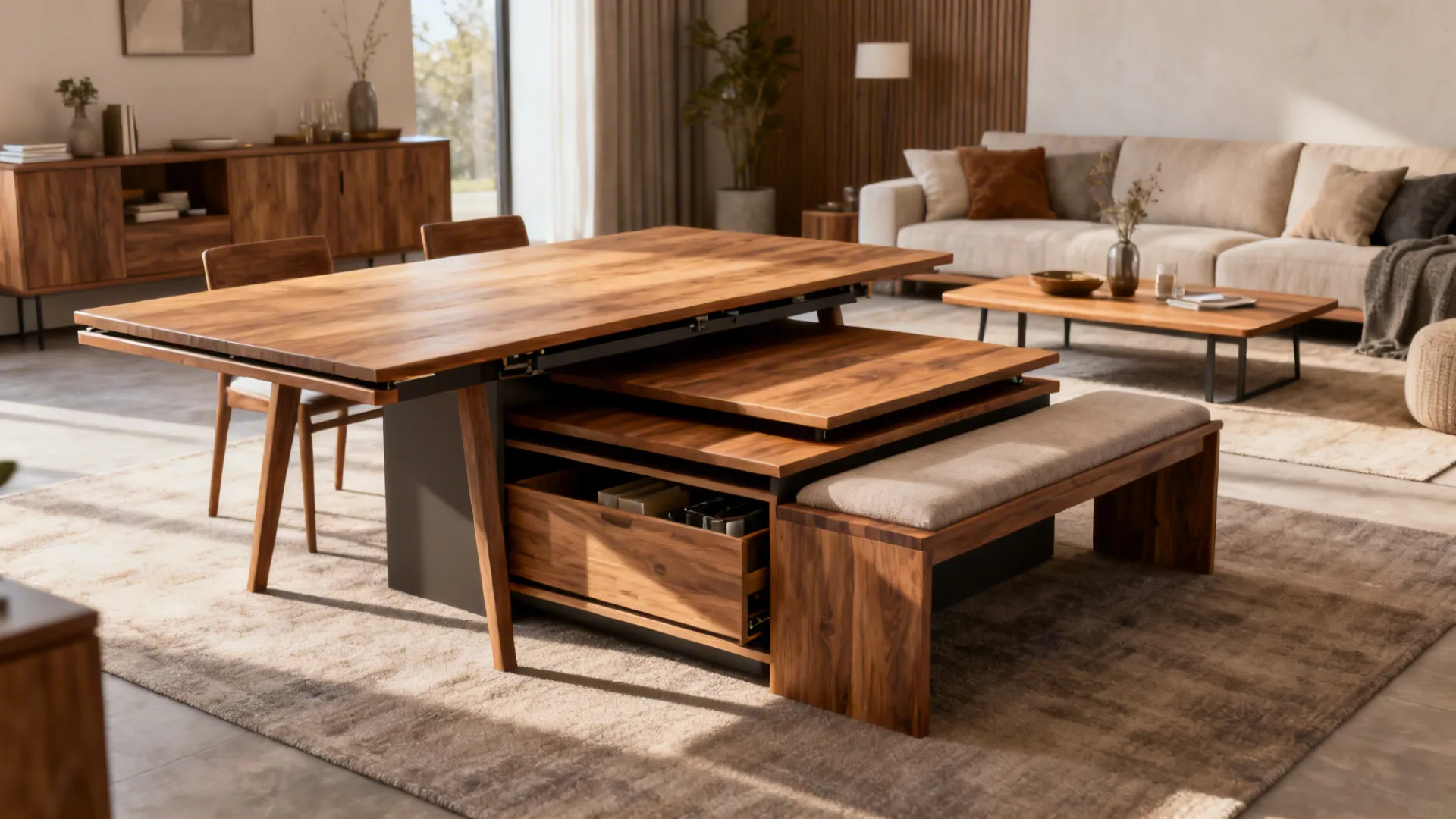 Open-plan layout featuring multifunctional furniture like an extendable table and storage bench