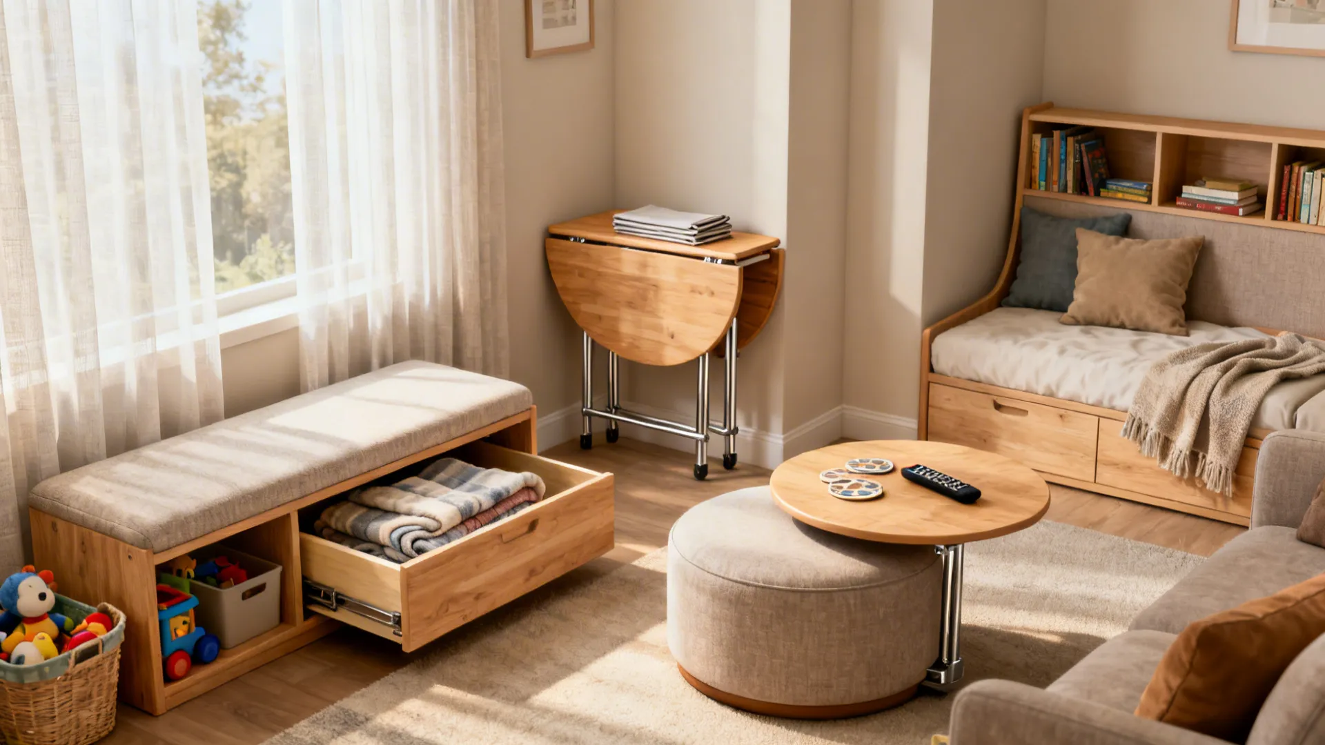 Small living room showing wooden storage bench, folding table, round footrest, and sofa with shelves