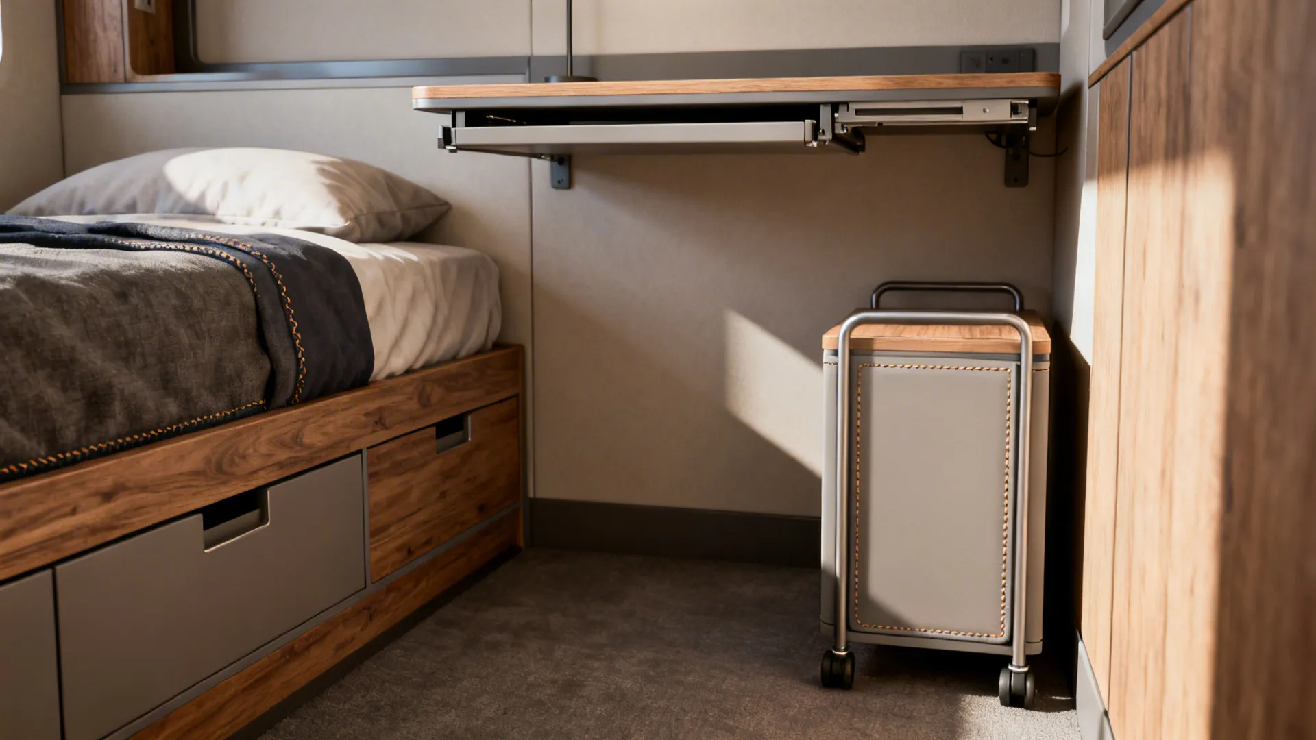 Small room corner showing bed with drawers, fold-down desk and slim rolling cart for versatile use.