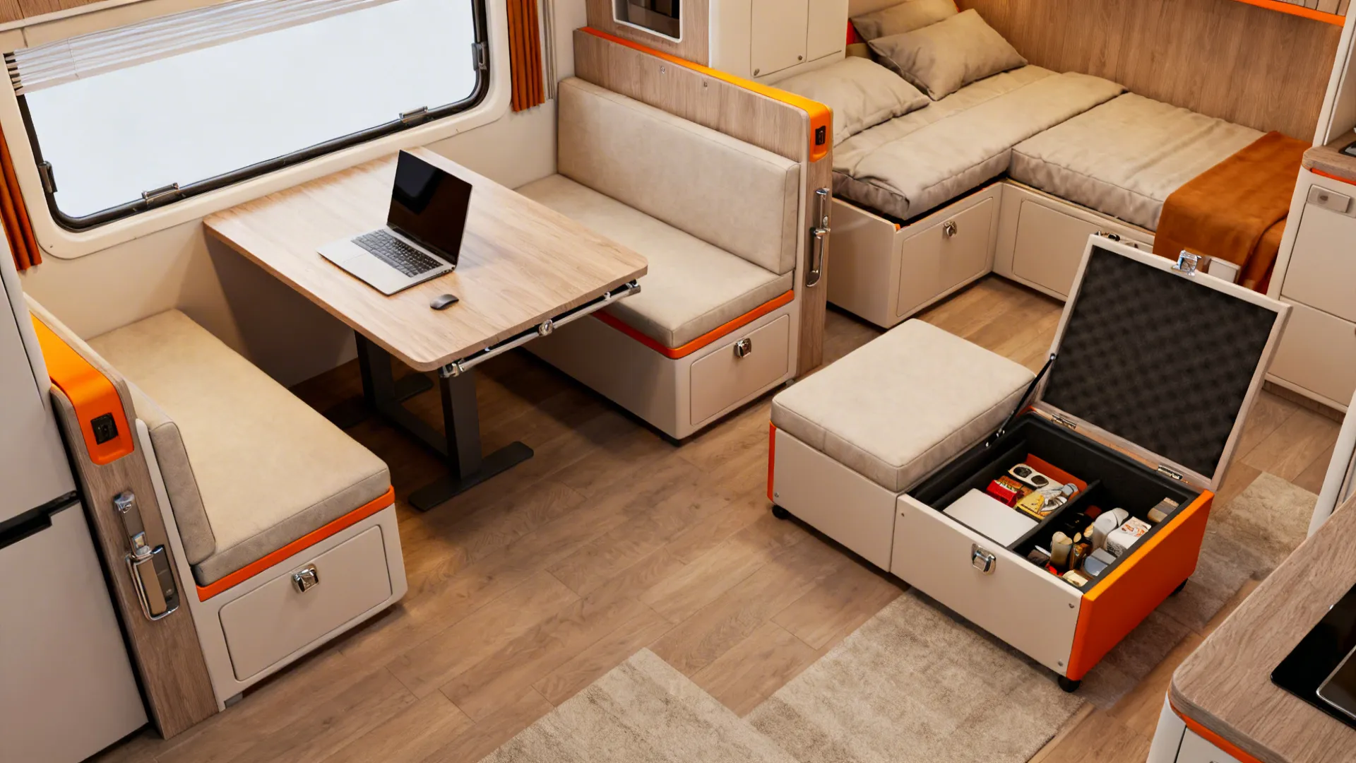 Fold-out table, sofa bed, and storage ottoman in use to maximize function in a small apartment.