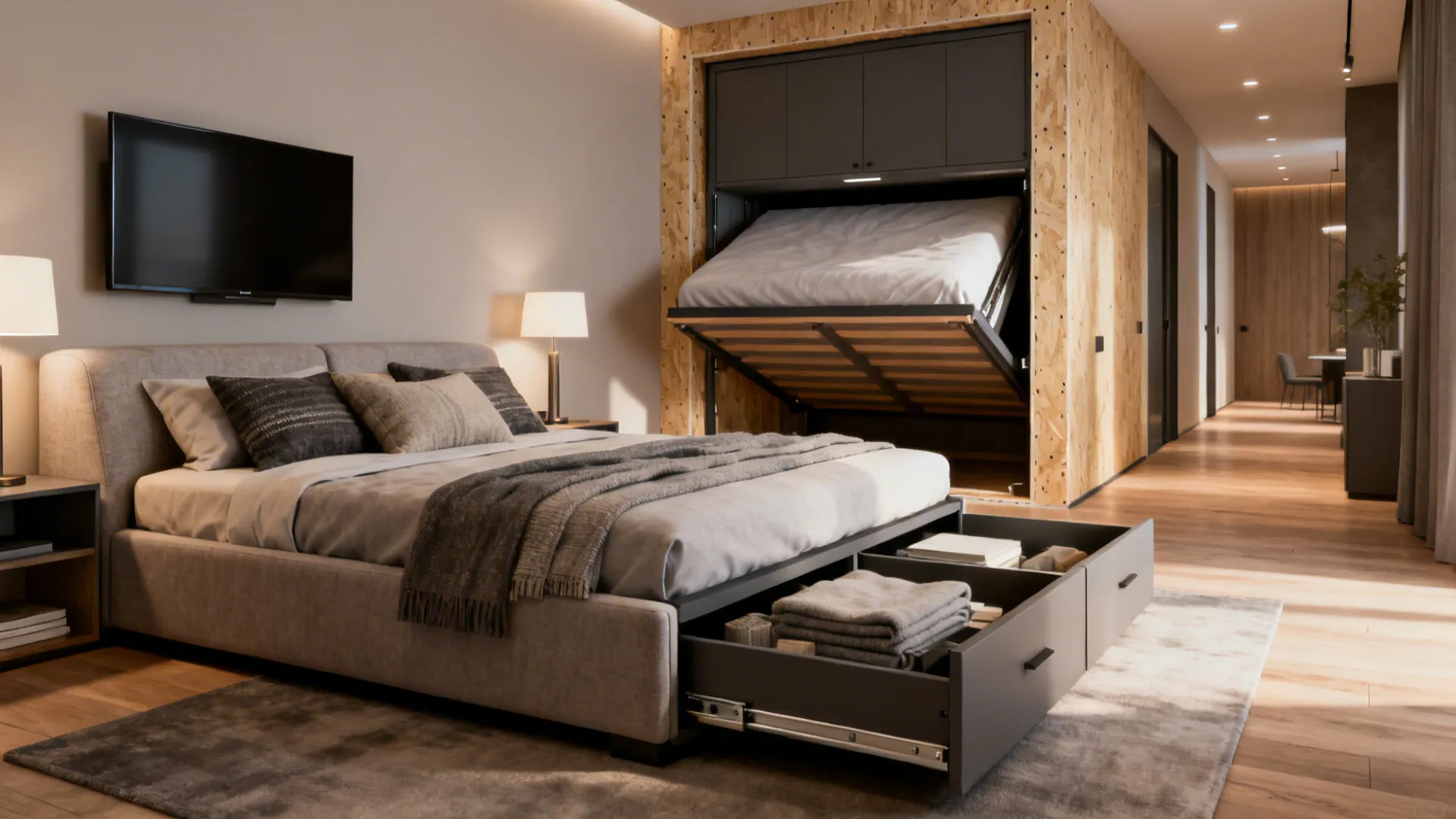 Modern bedroom showing a grey bed with storage drawers and a folding wall bed system