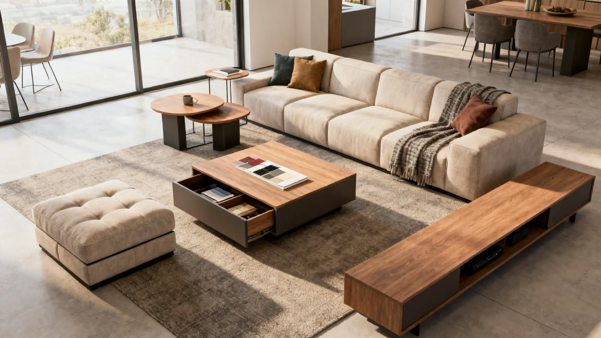 Multifunctional furniture around a sectional including storage ottoman and nesting tables
