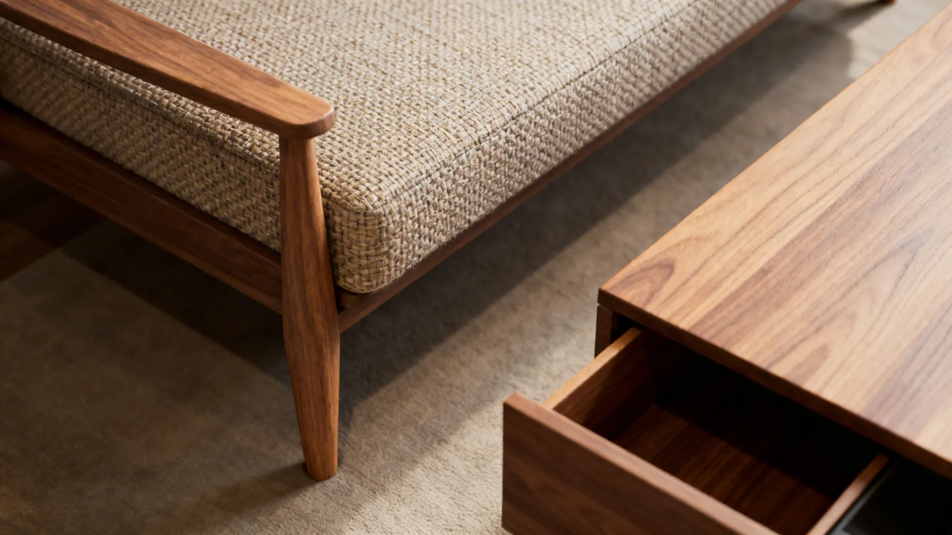Close-up of a sofa-bed corner and a coffee table with hidden storage in a small living room.