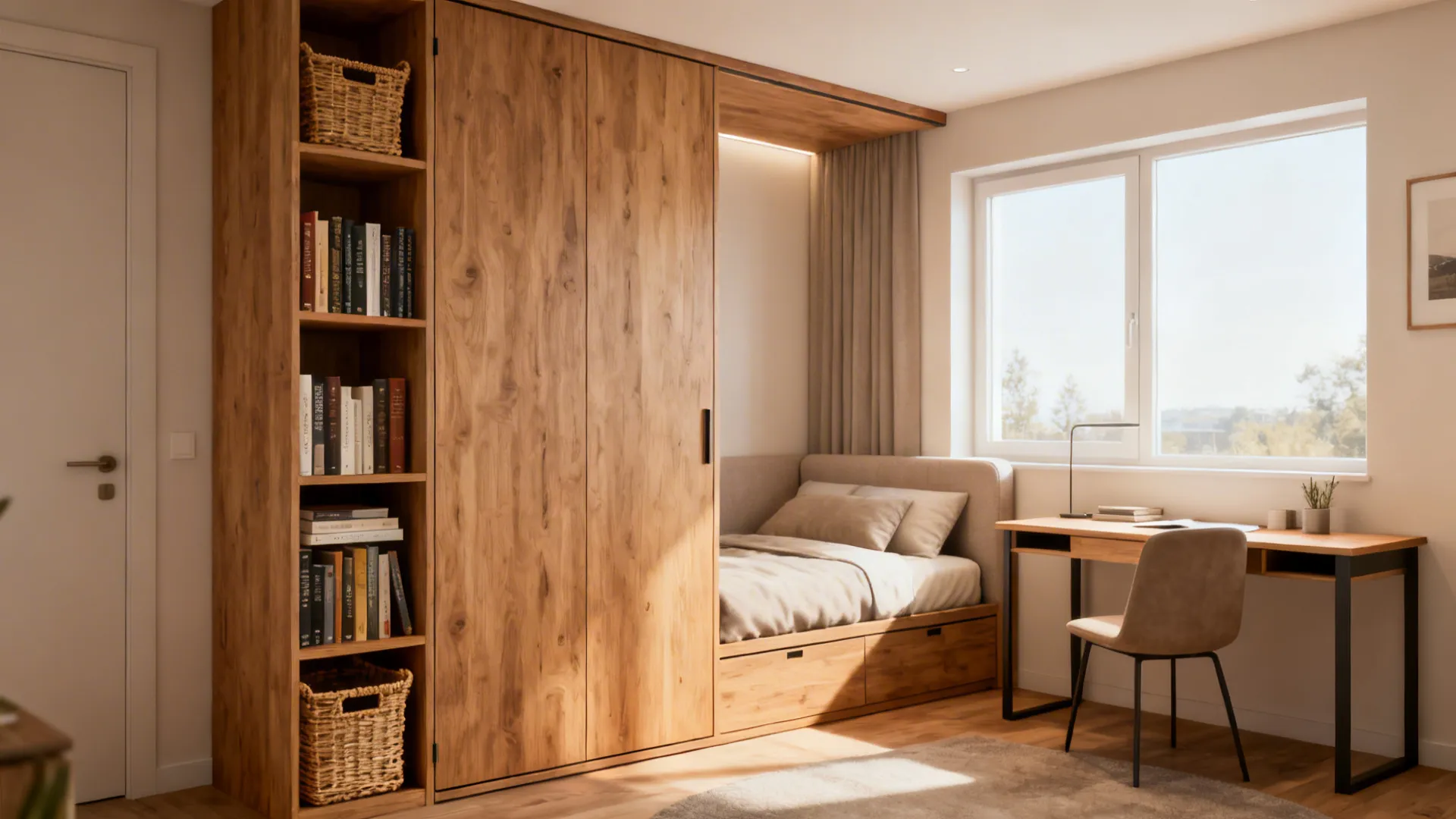 Compact room with a closed Murphy wall bed with side shelving and a small workspace beside it.