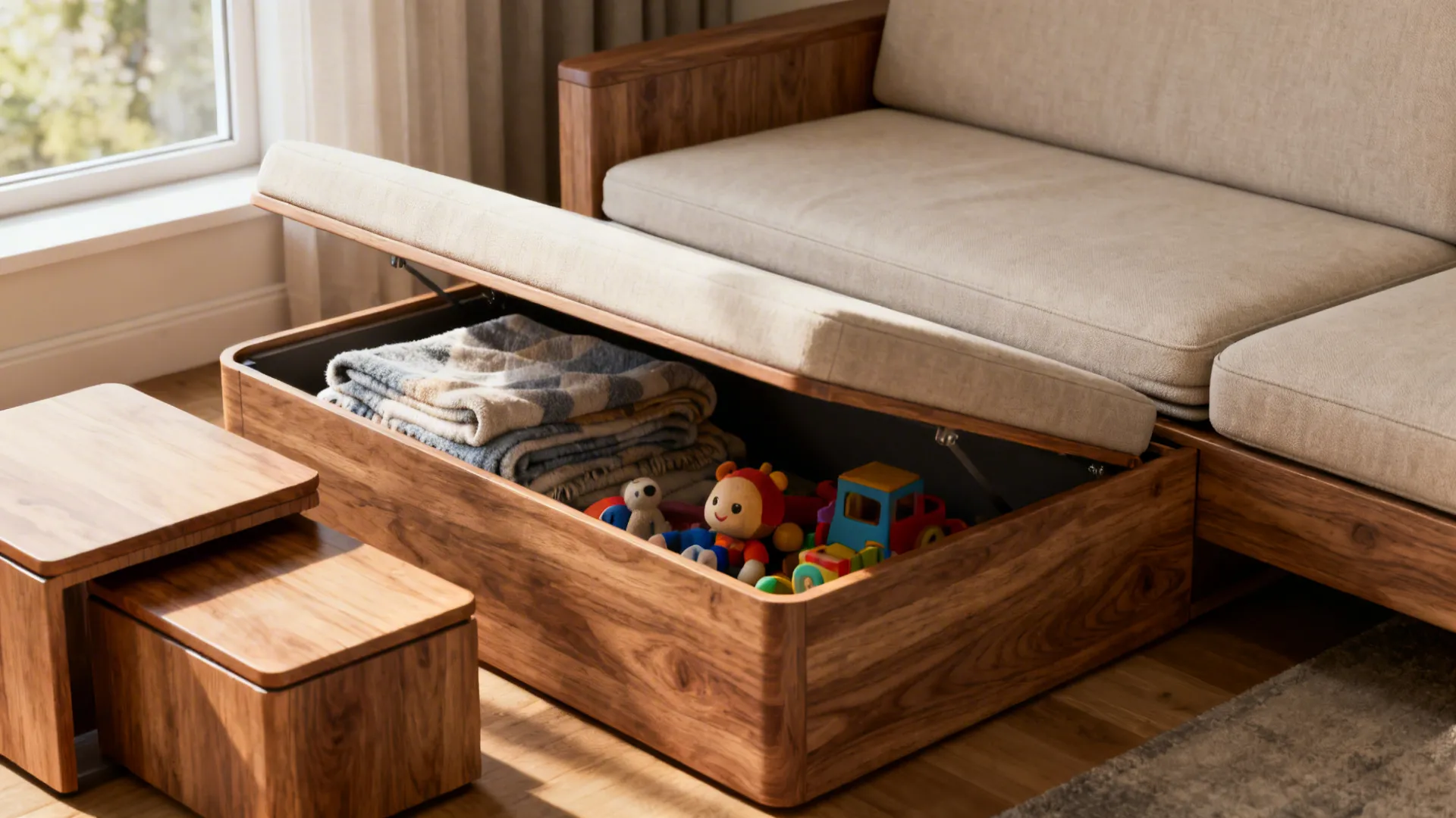 Storage ottoman open to show blankets and toys next to nesting tables and a sofa bed