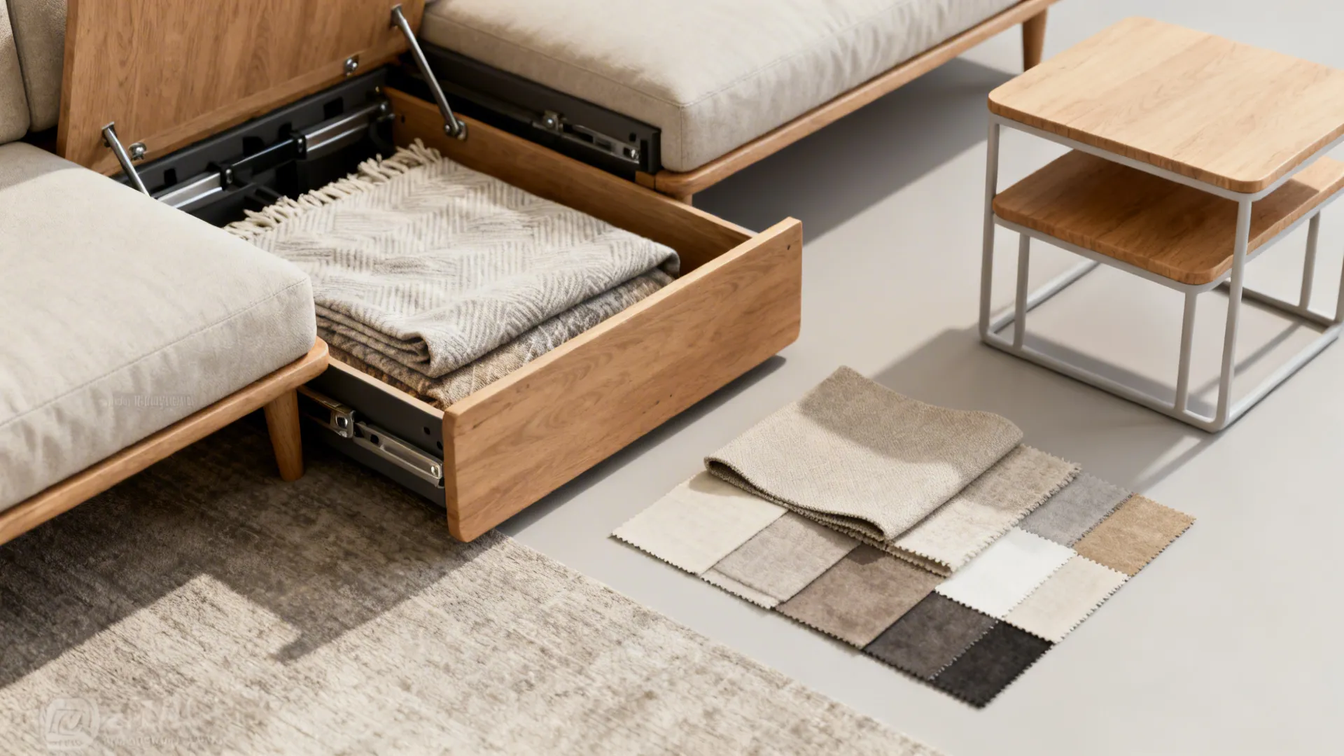 Sectional sofa with built-in wooden storage drawer holding a blanket and nearby small fabric samples