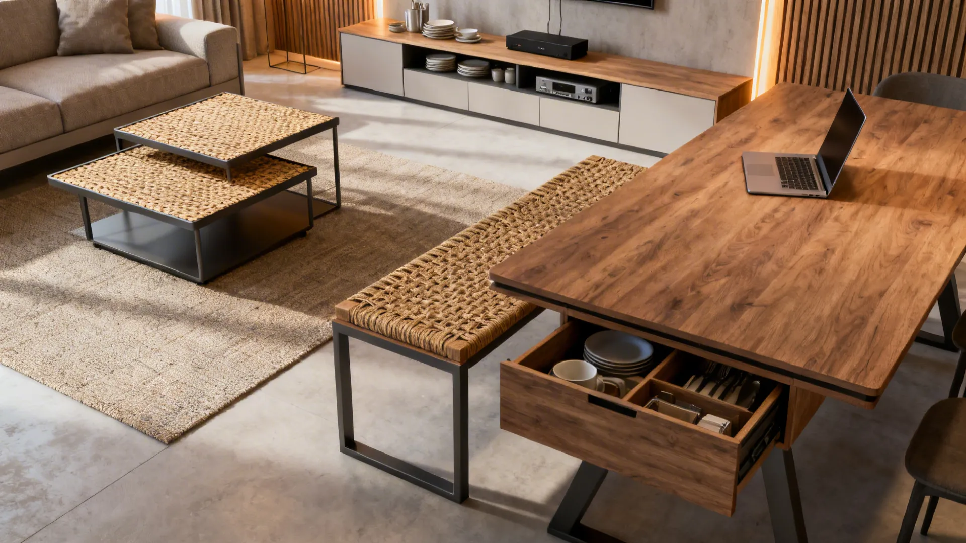 Storage bench, nesting coffee tables, and extendable dining table in a multifunctional open-plan living room.