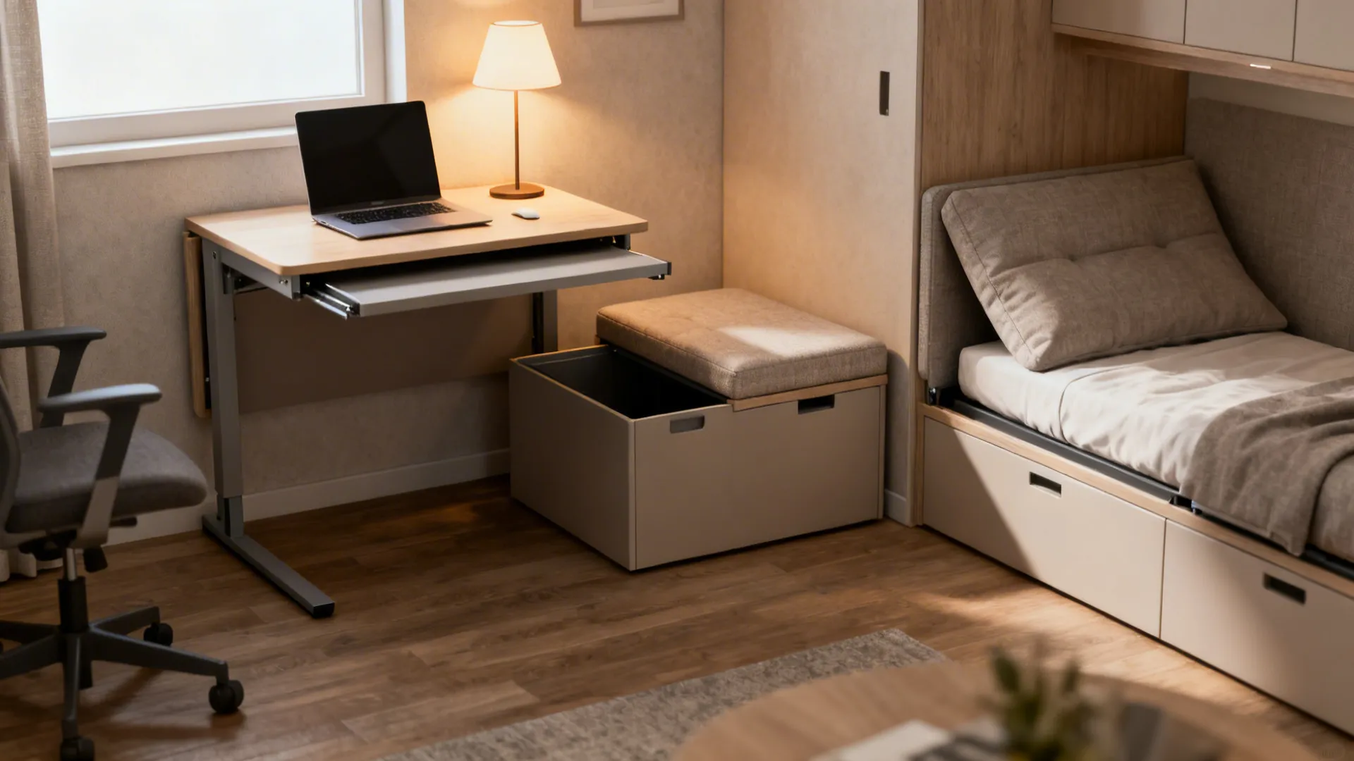 Fold-down desk, storage ottoman, and sofa bed arranged in a small apartment.