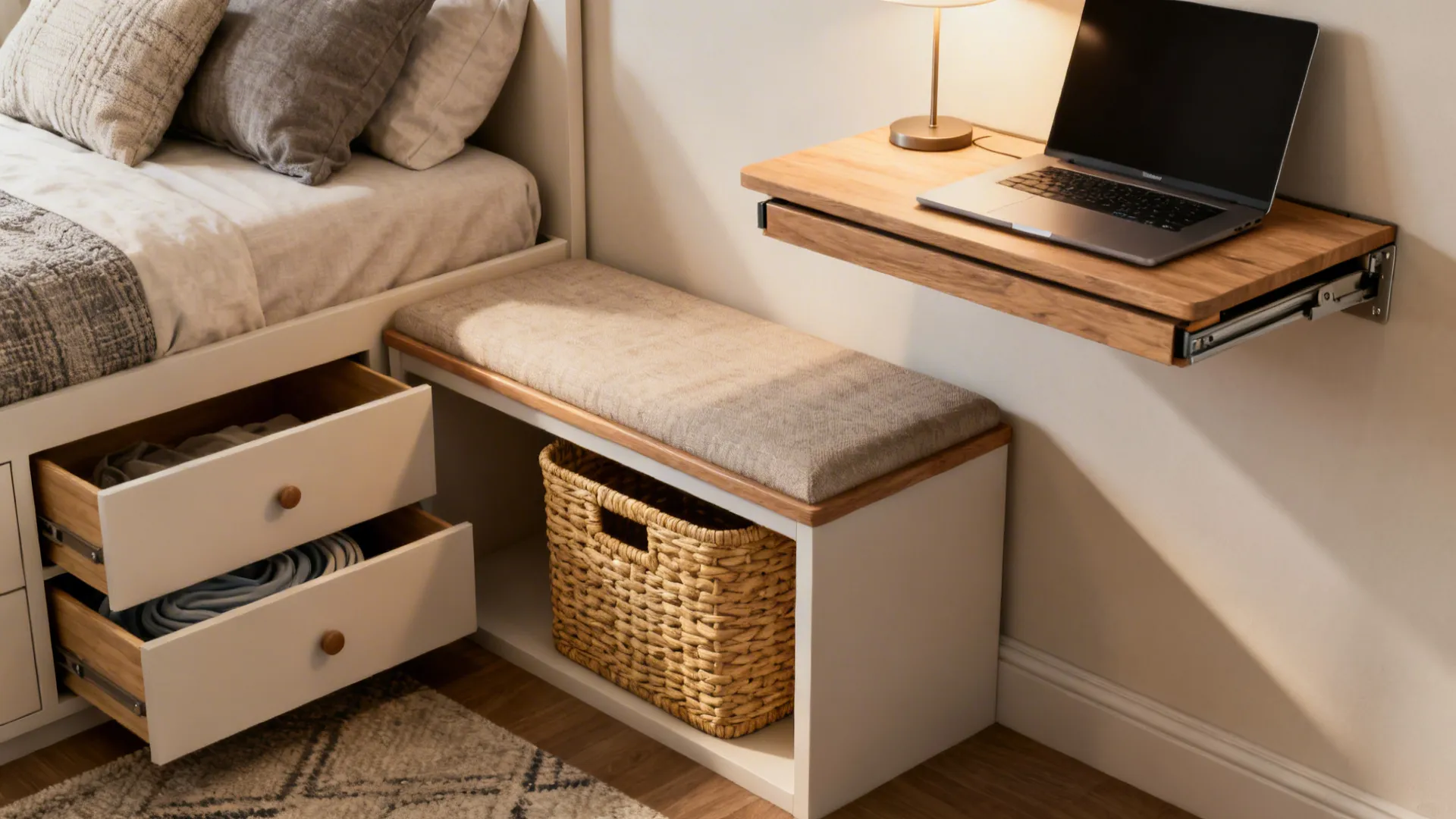 Daybed with drawers and a bench that doubles as storage, shown in close detail.