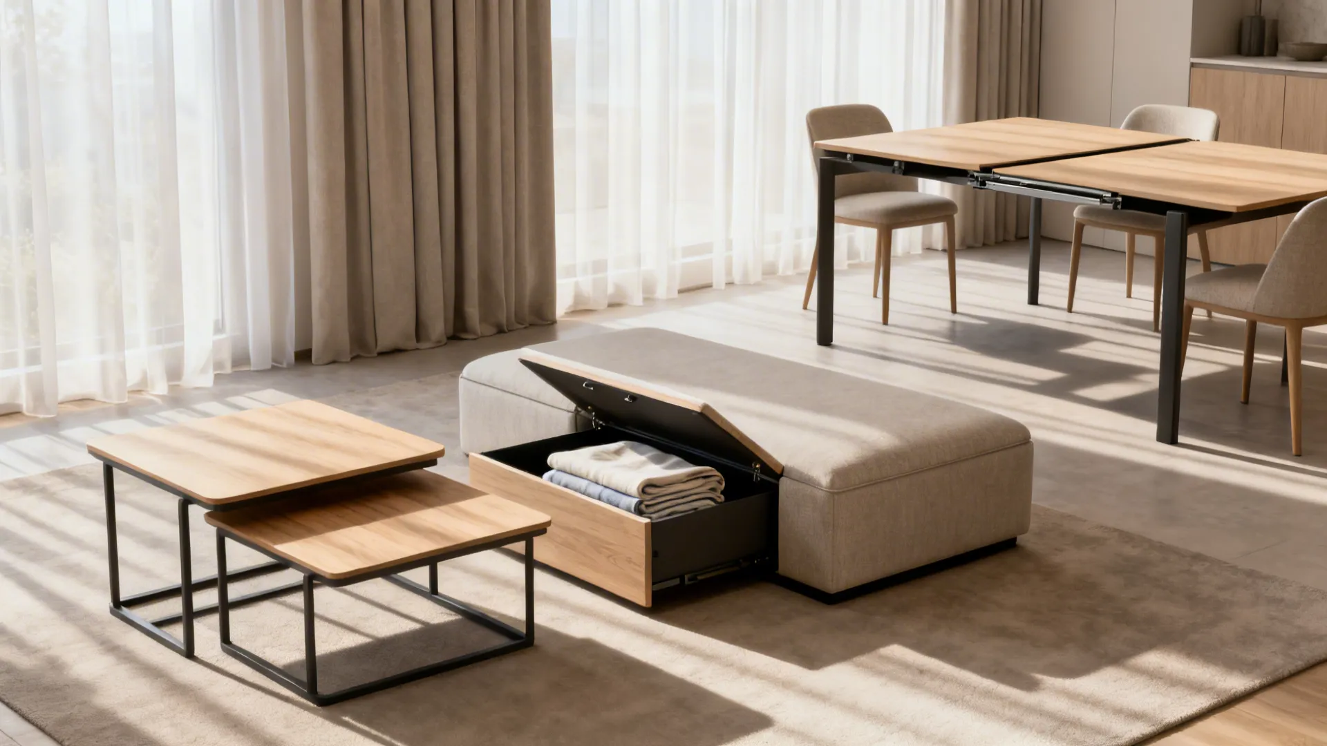 Nesting tables, storage ottoman and extendable dining table demonstrating multifunctional solutions
