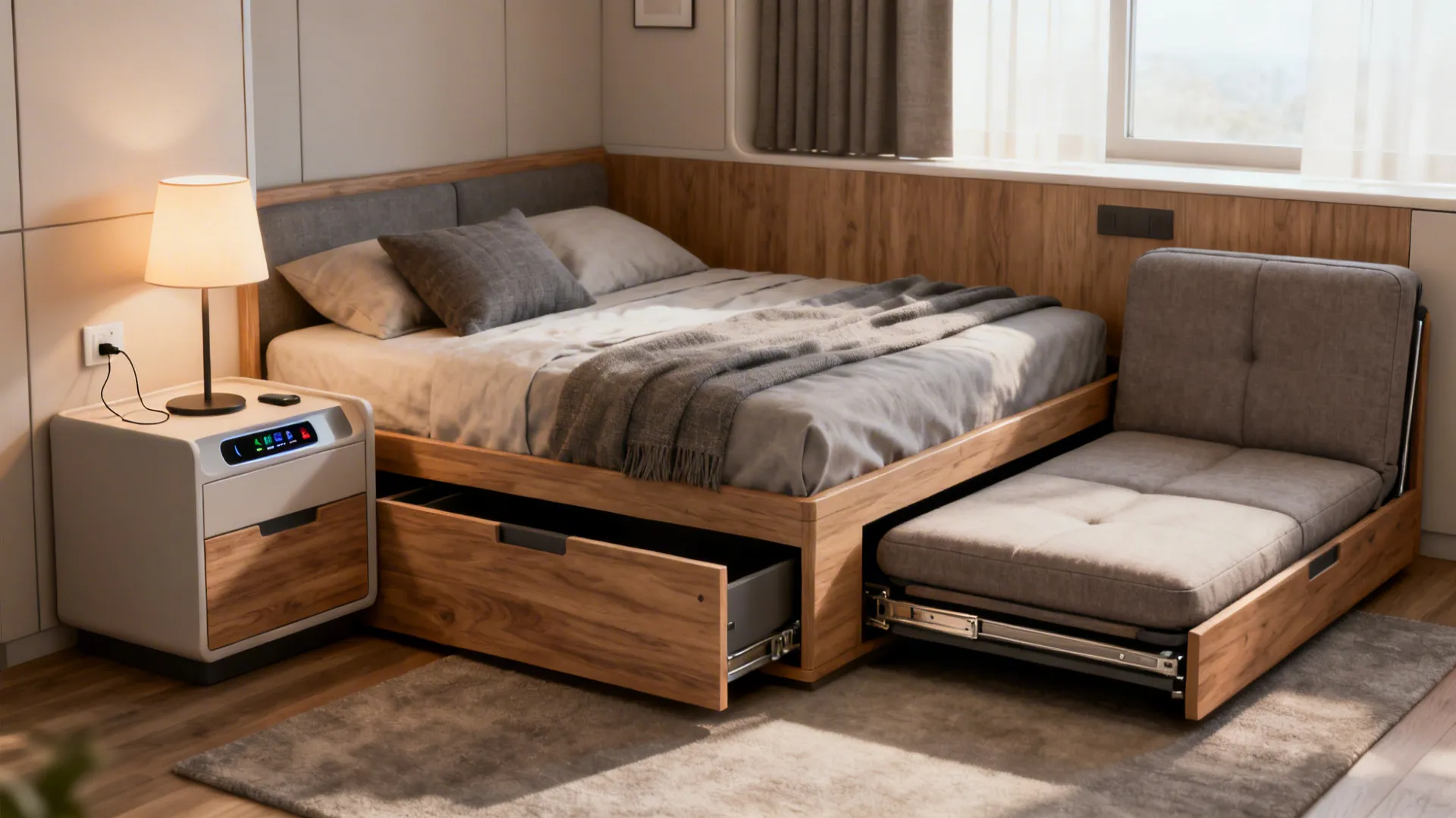 Storage bed with drawers and a compact sofa-bed in a small bedroom.