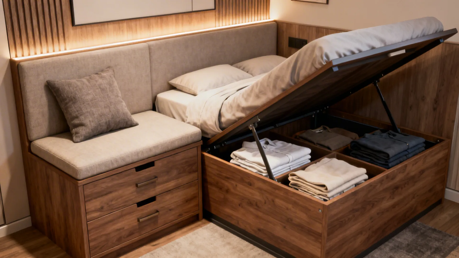 Storage bench and lift-top bed storing linens and clothes in a small studio.