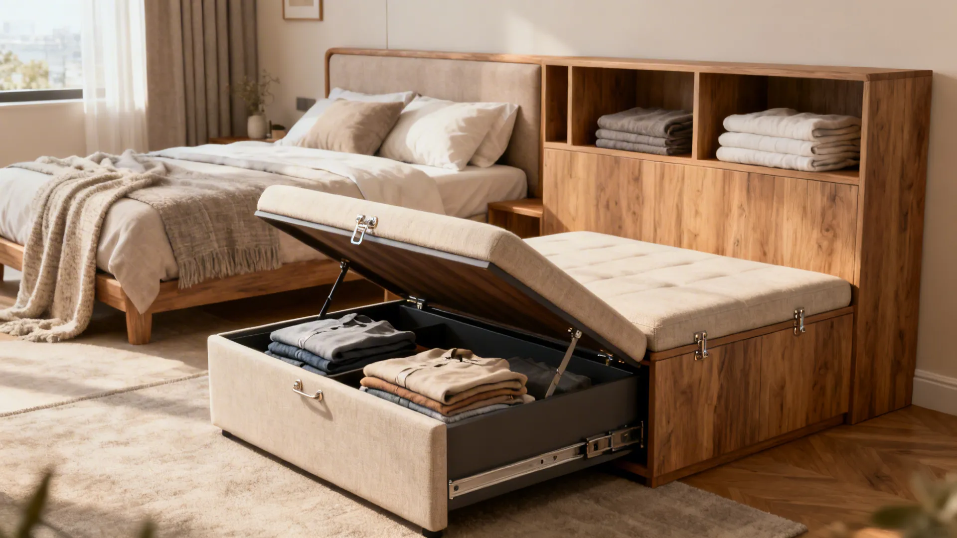 Storage ottoman, lift-up bench and headboard cubbies storing folded clothes in a small bedroom