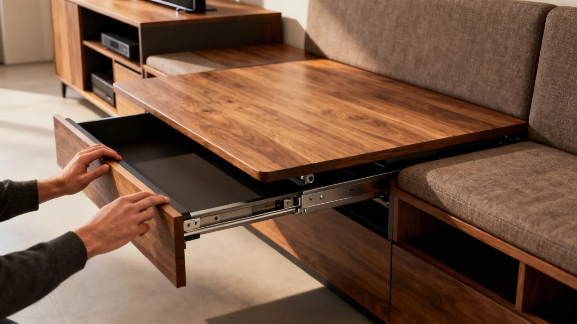 Hands pulling out a hidden wooden drawer from a multifunctional sofa in a modern room
