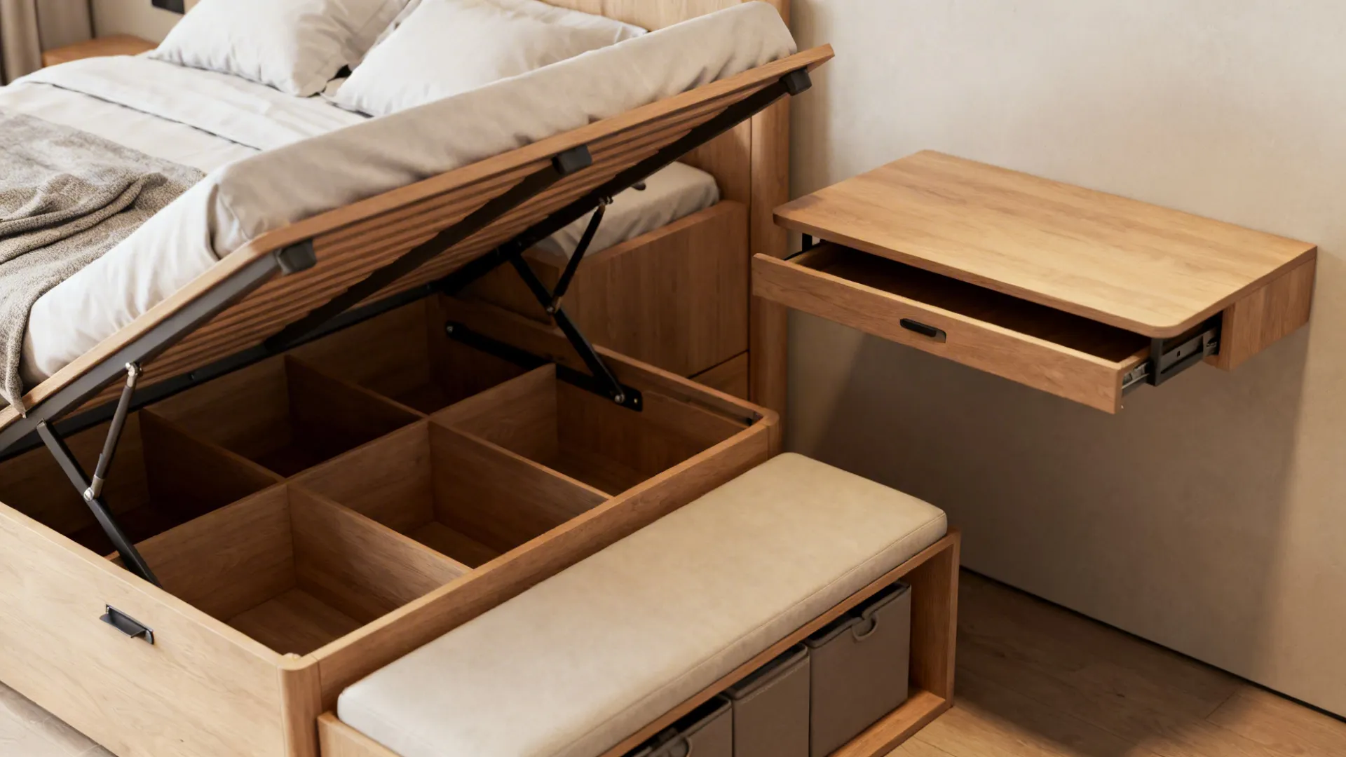 Close-up of a lift-up storage bed and fold-down desk in a small bedroom showcasing multifunctional solutions.