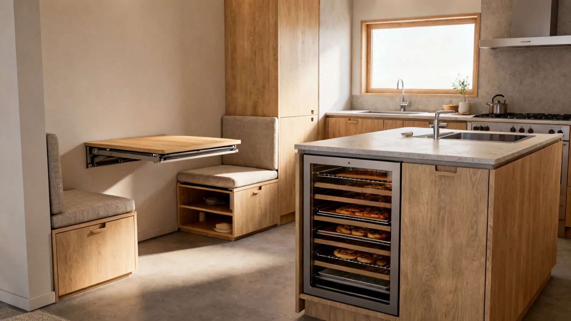 Minimalist kitchen featuring folding wooden table bench storage and an island with built in oven