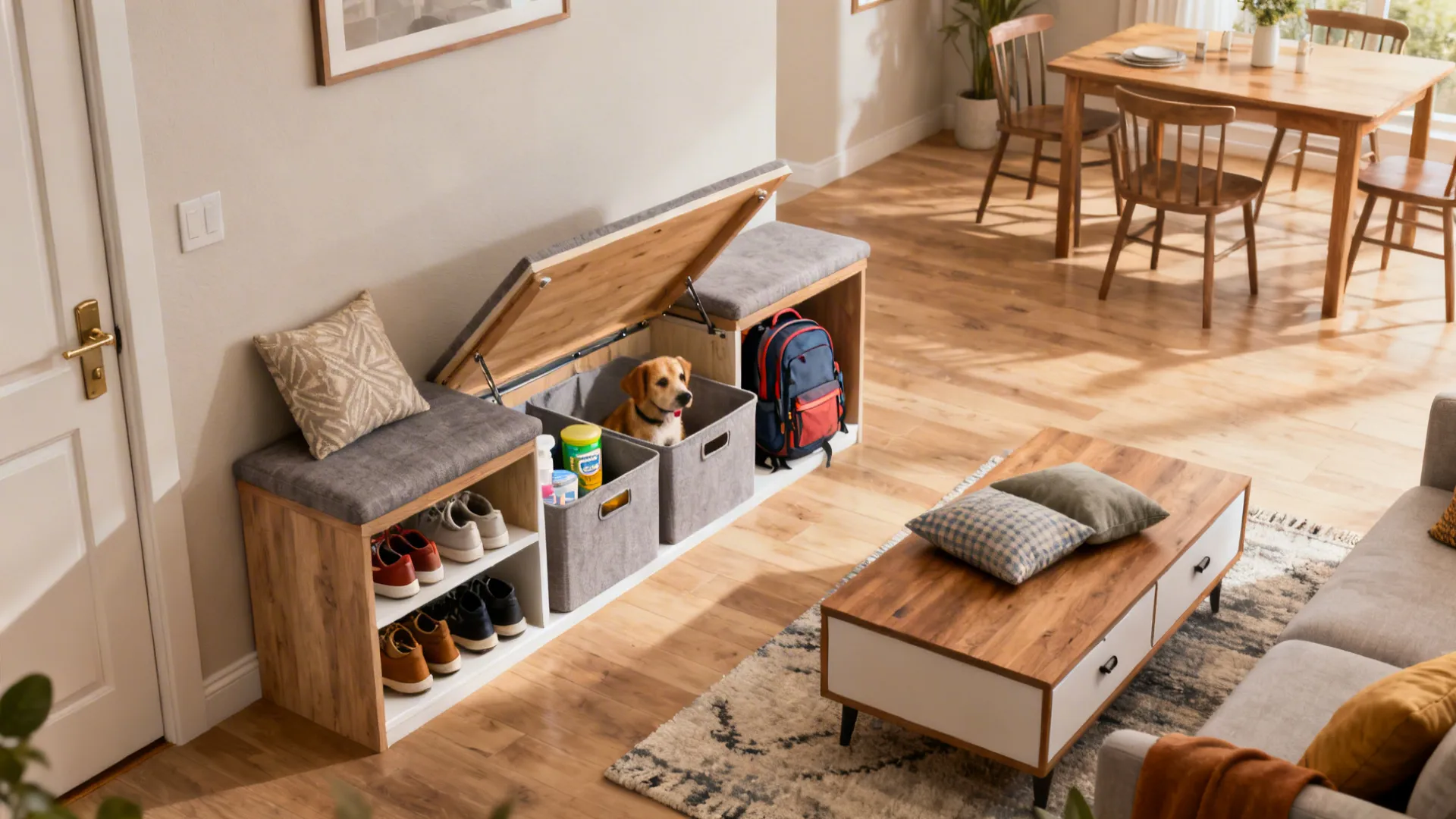 Entry bench with lift-top storage and a coffee table with drawers storing shoes, pet supplies and backpacks.