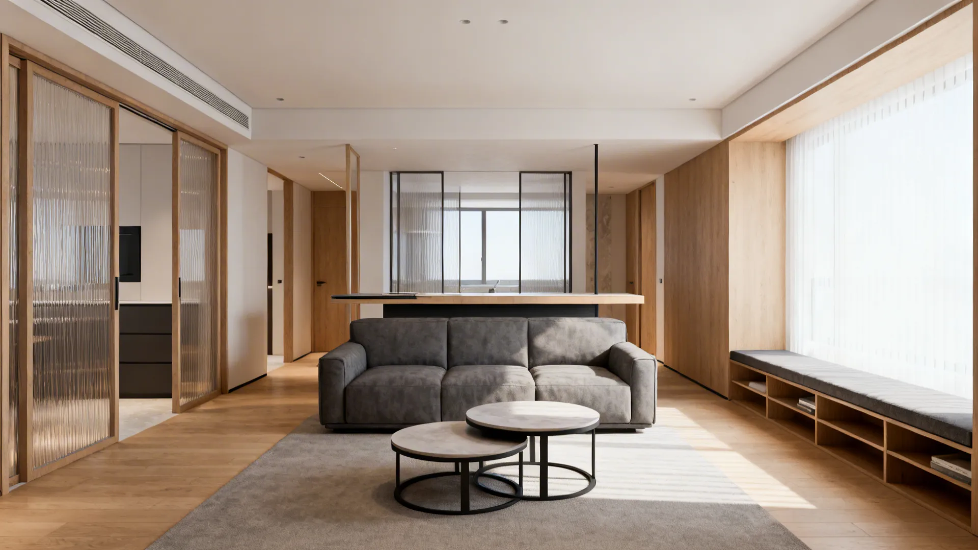 Modern living room with grey sofa marble coffee tables wood panels and glass sliding doors