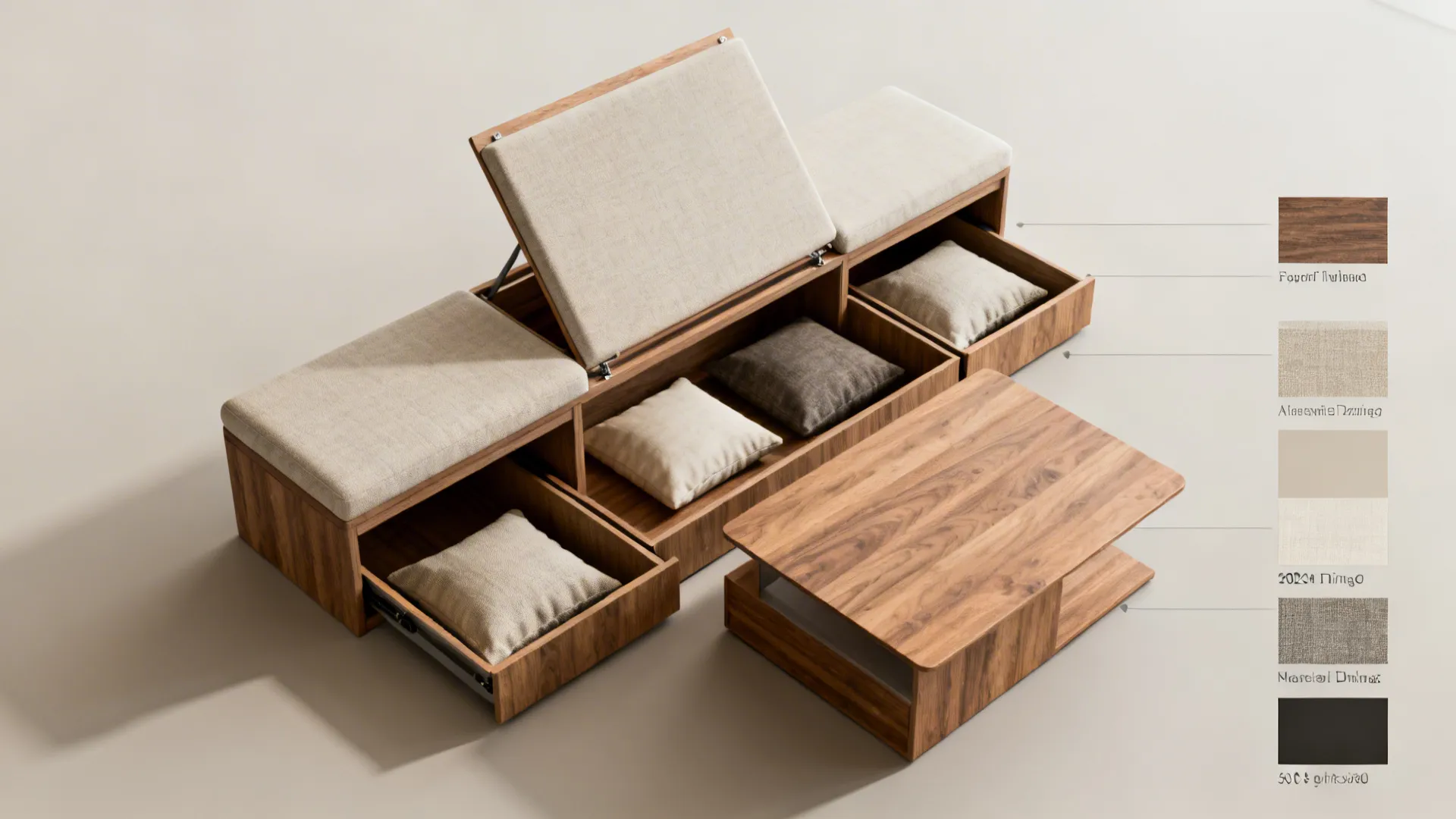 Multifunctional bench with storage and convertible furniture details in a compact space.