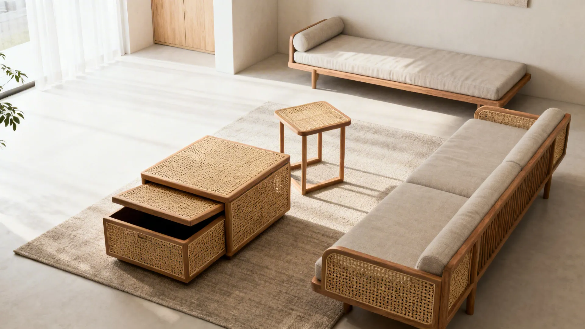Compact living room with storage ottoman, nesting tables and a slim sofa-bed in natural textures.
