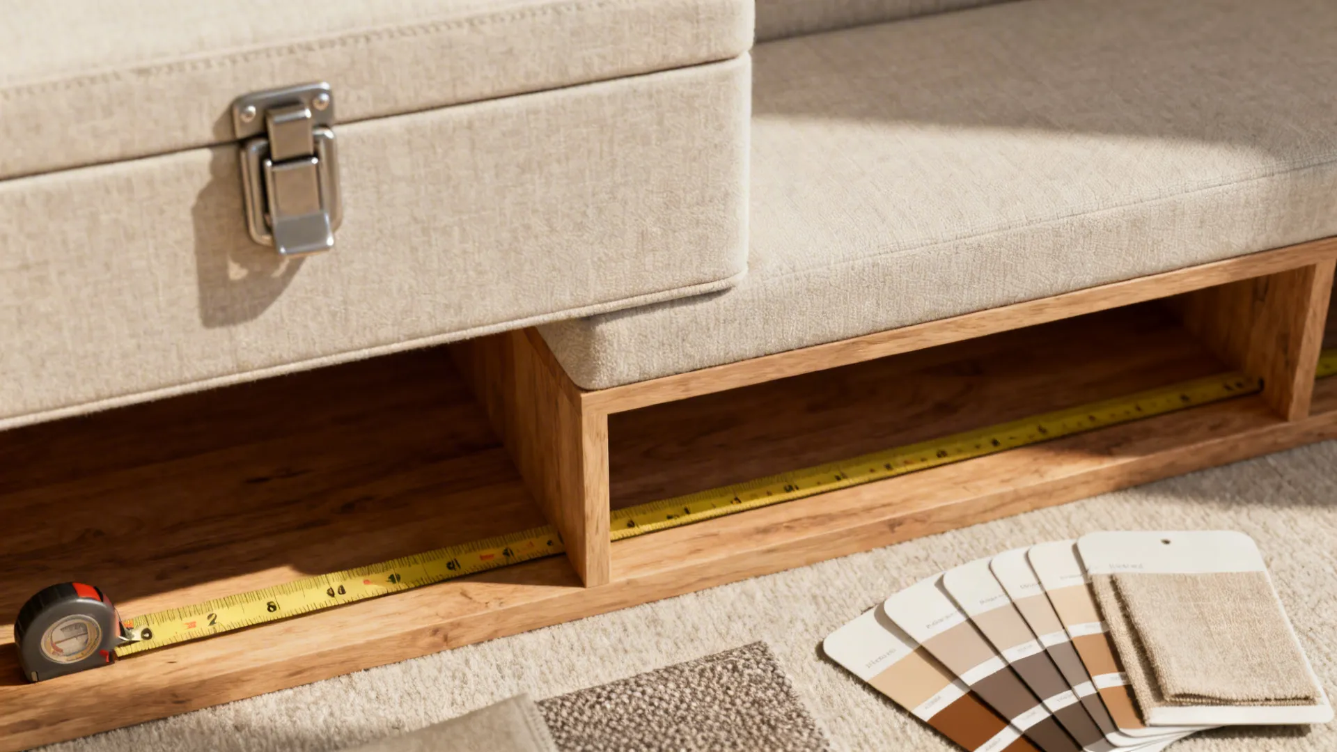 Close-up of multifunctional furniture details like storage ottoman and fabric swatches